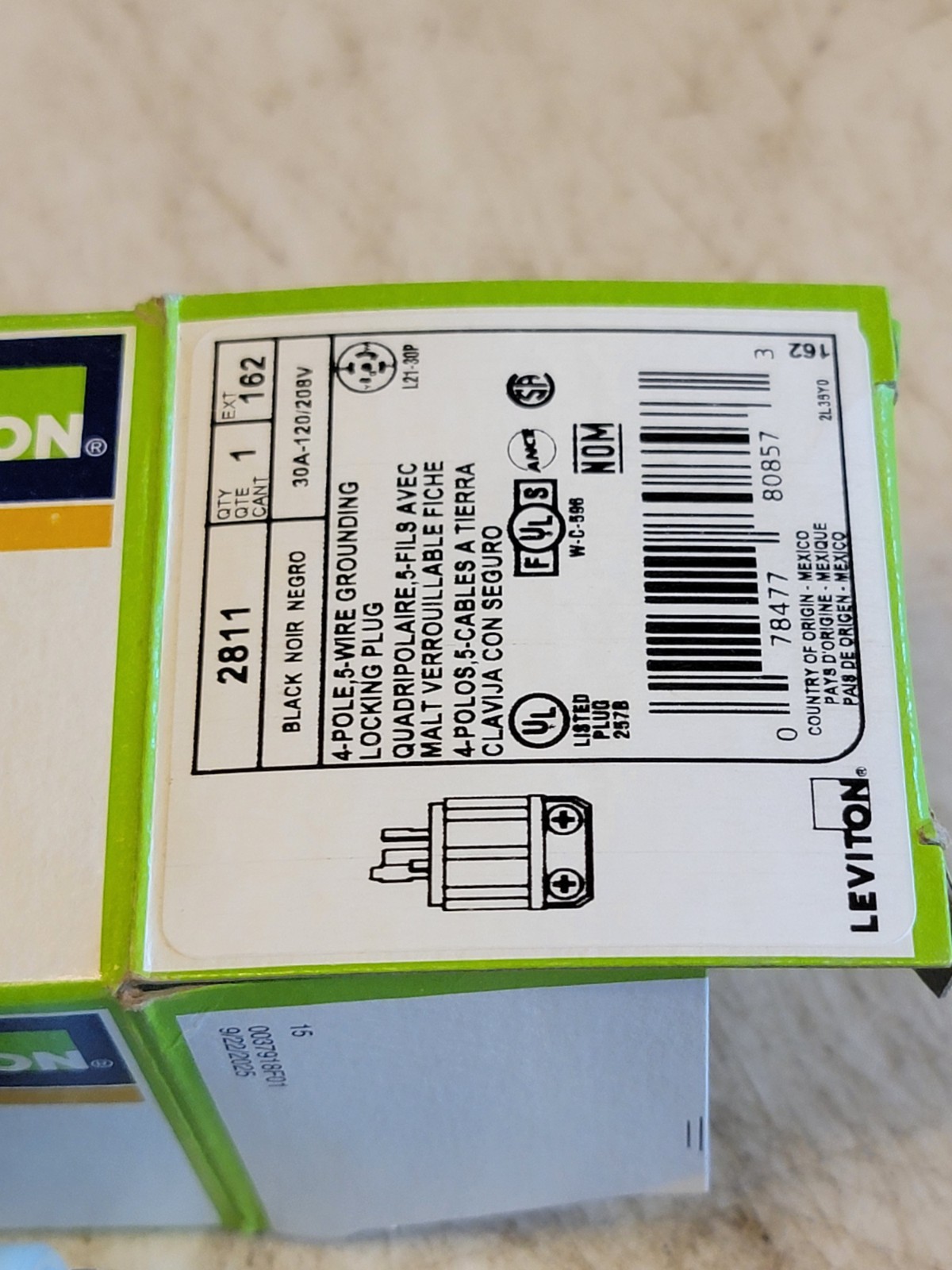 LEVITON 2811 30-AMP 120/208V 4-POLE, 5-WIRE, LOCKING PLUG GROUNDING