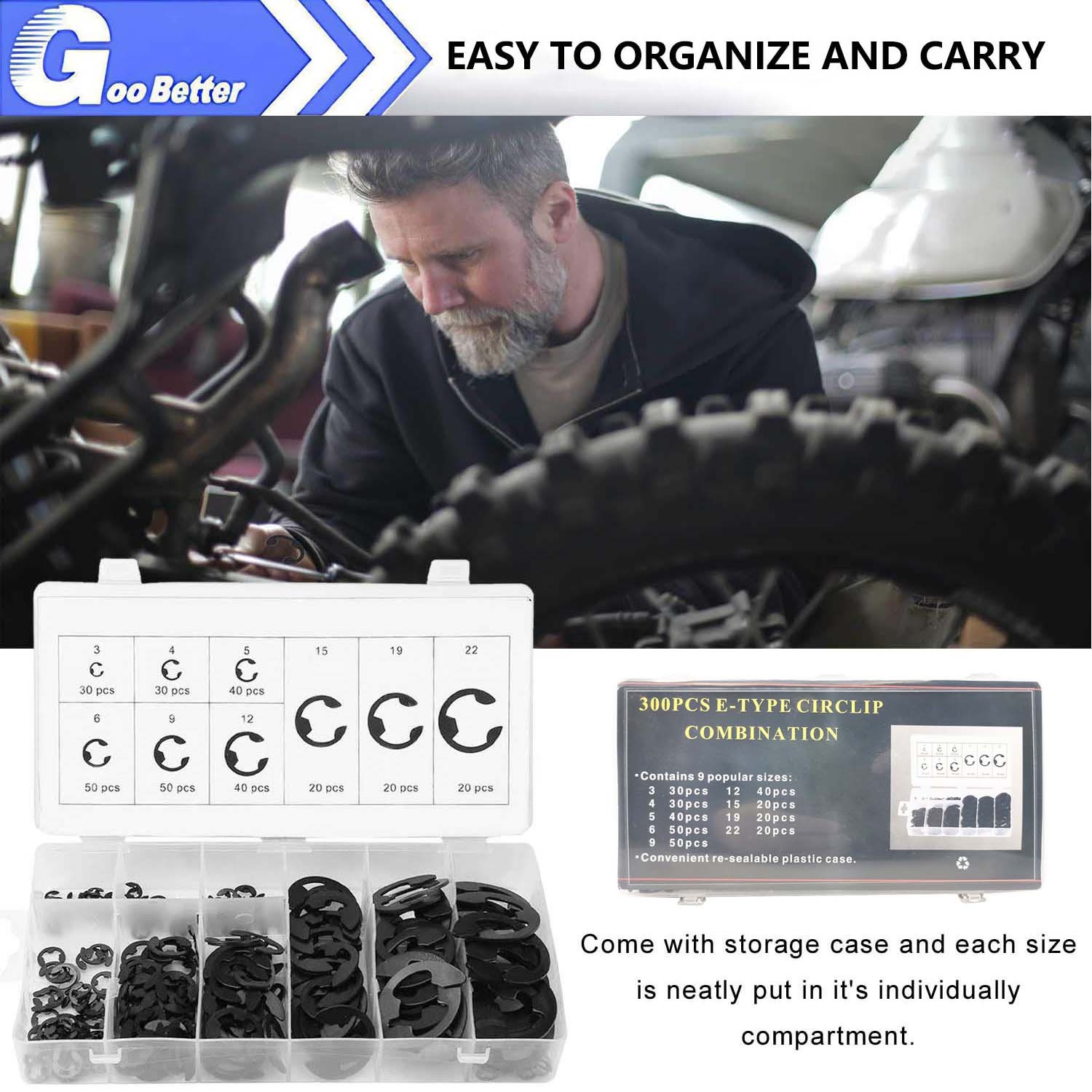 300 Pcs E-Clip Assortment Set Heat Treated High Carbon Circlip Kit 9 SAE Sizes