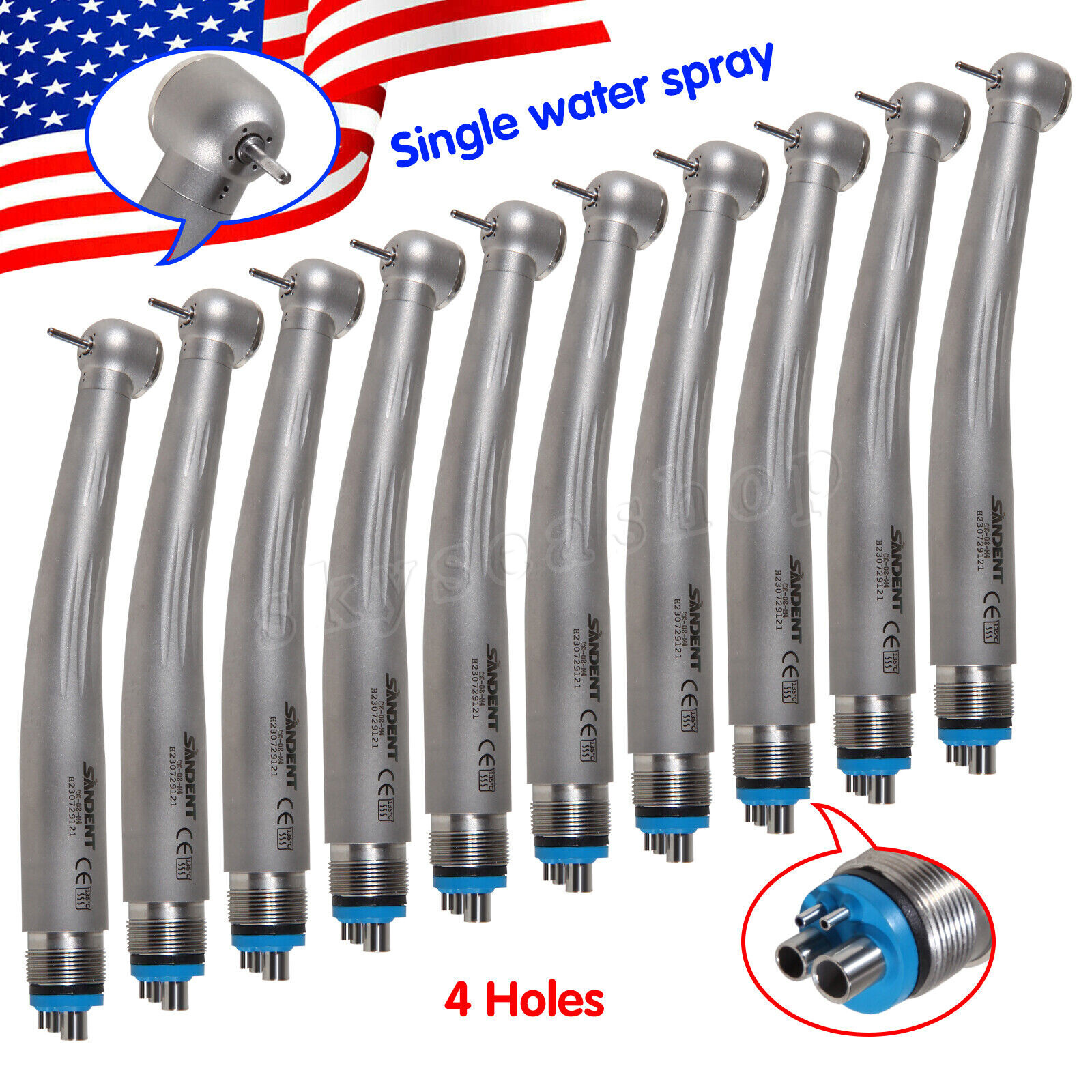 10 Dental High Speed Handpiece Ceramic Bearing Push 4 Holes Single Way Spray