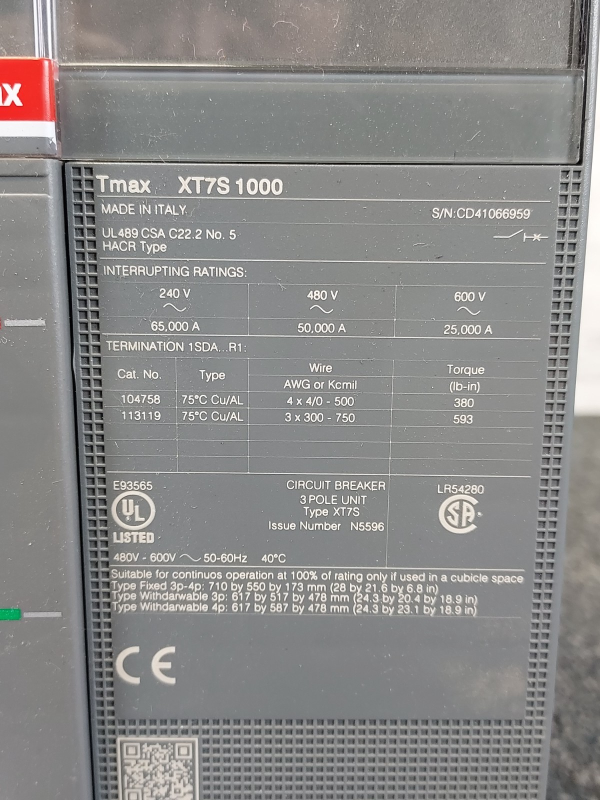 ABB #XT7S 1000 CIRCUIT BREAKER (1000A, 600V, 3 PHASE)(S13E)