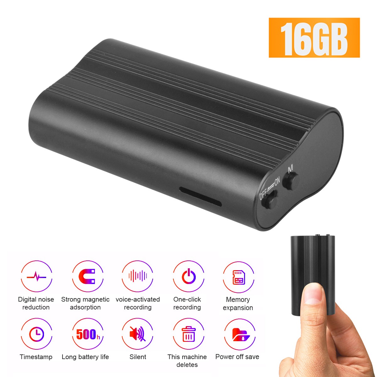 500hr 16GB Magnetic HD Digital Voice Activated Recorder Mini Audio MP3 Playback