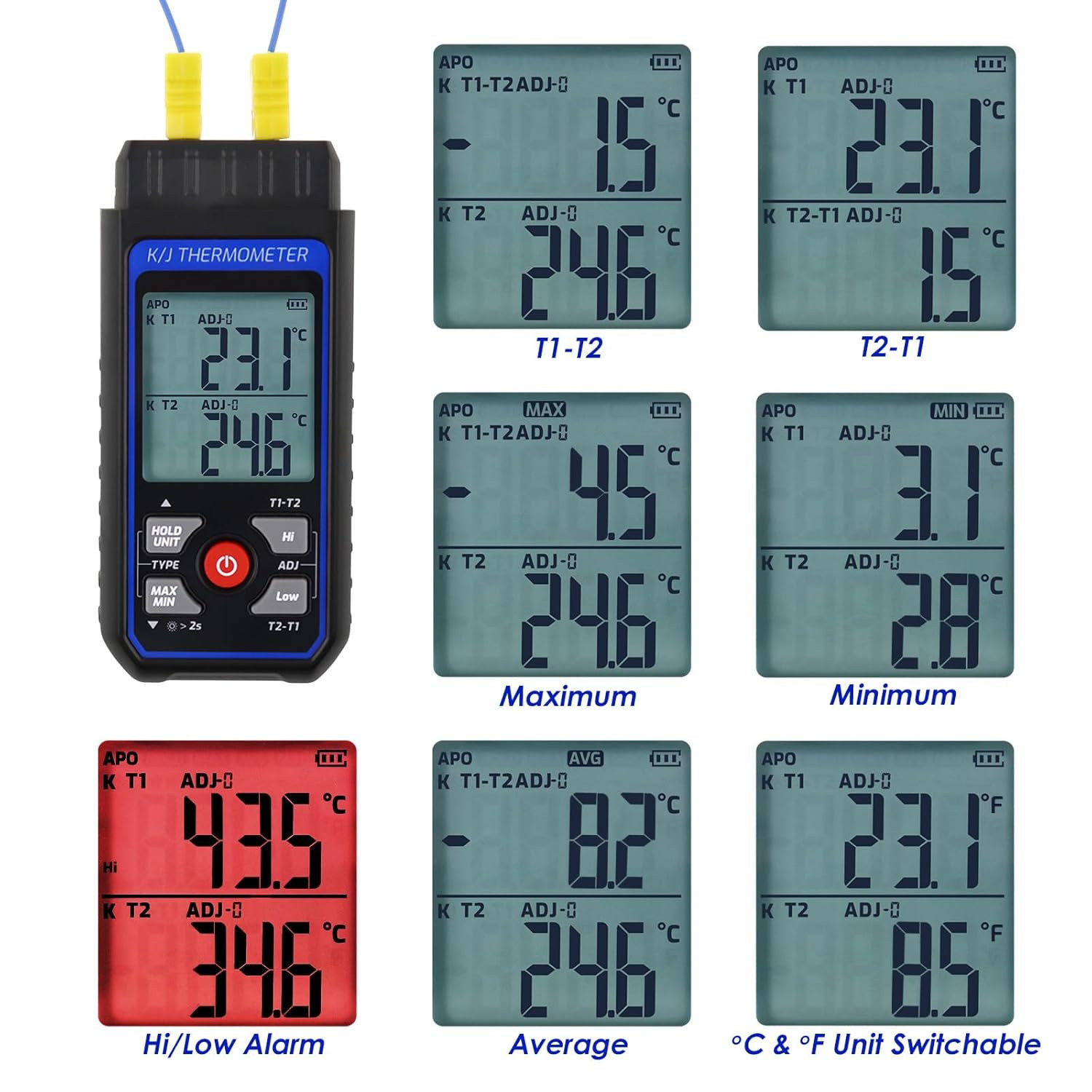 Dual-Channel K/J Thermocouple Thermometer with 4 K-Type Thermocouples -328°F ~ 2