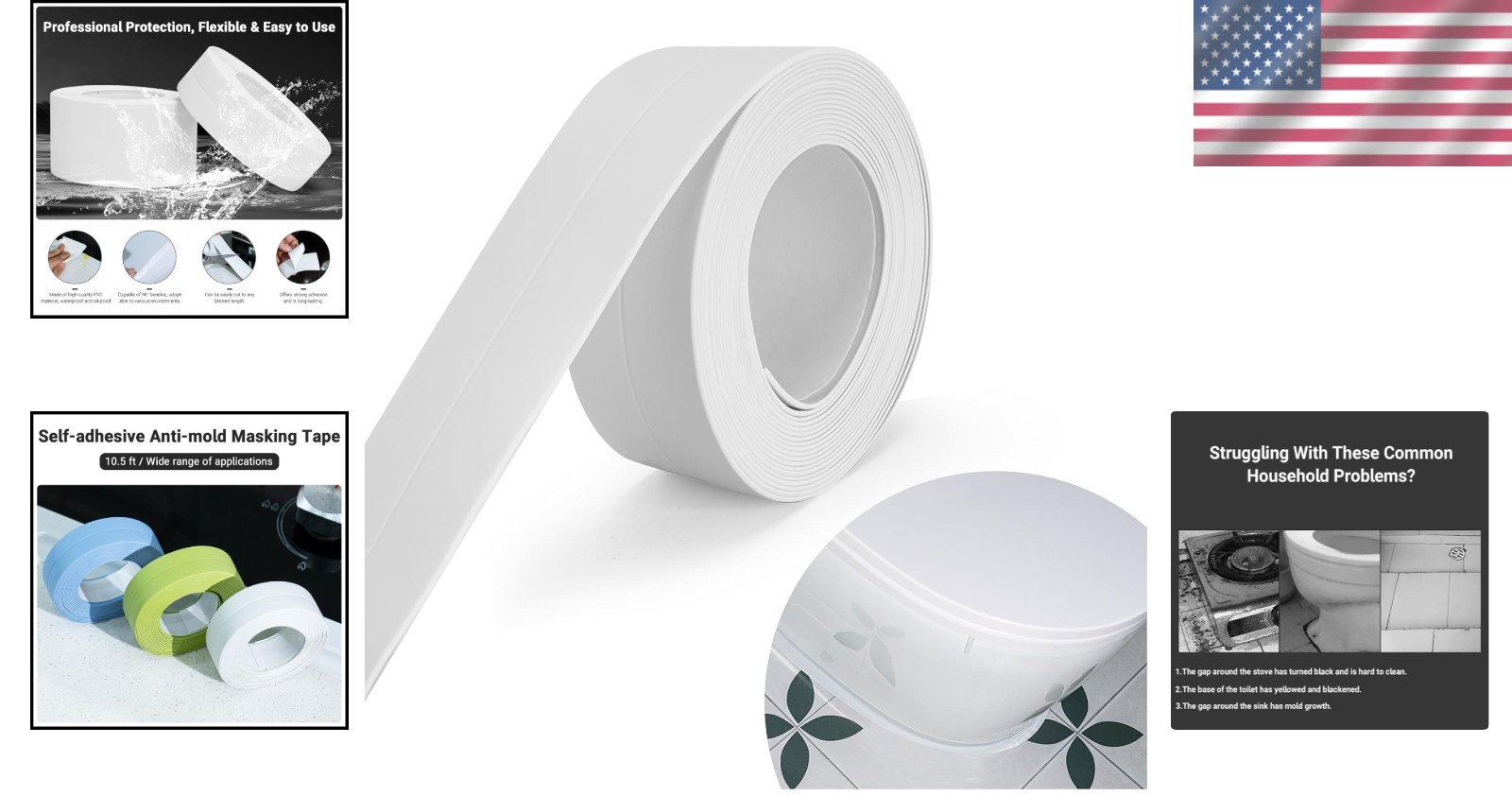 2.2cm x 10.5Ft White Caulk Tape – Adheres Easily for Seamless Water Protection
