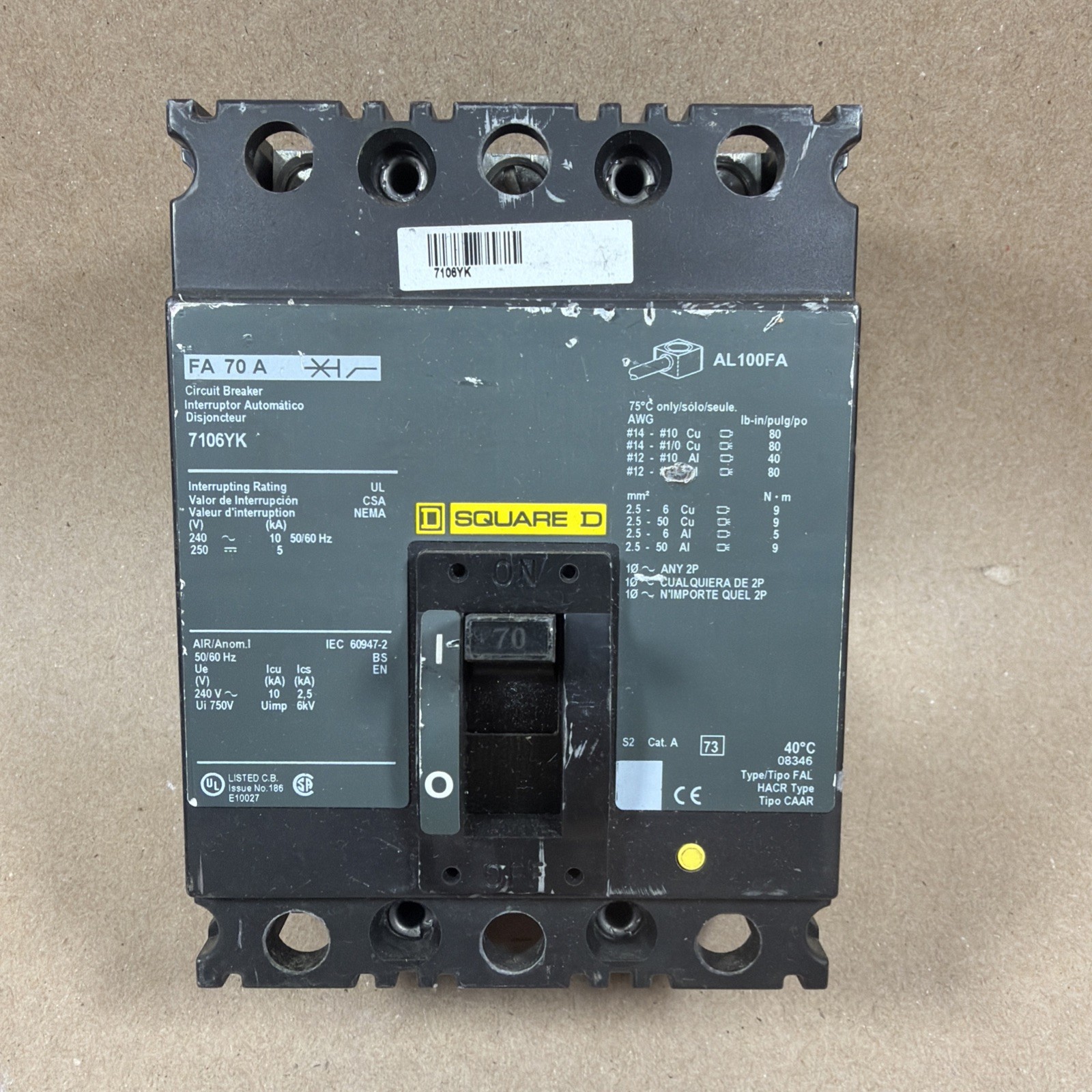 TESTED🔥 SQUARE D FH 70 A 3 pole 70 amp 600v AL100FA Switch 7106YK
