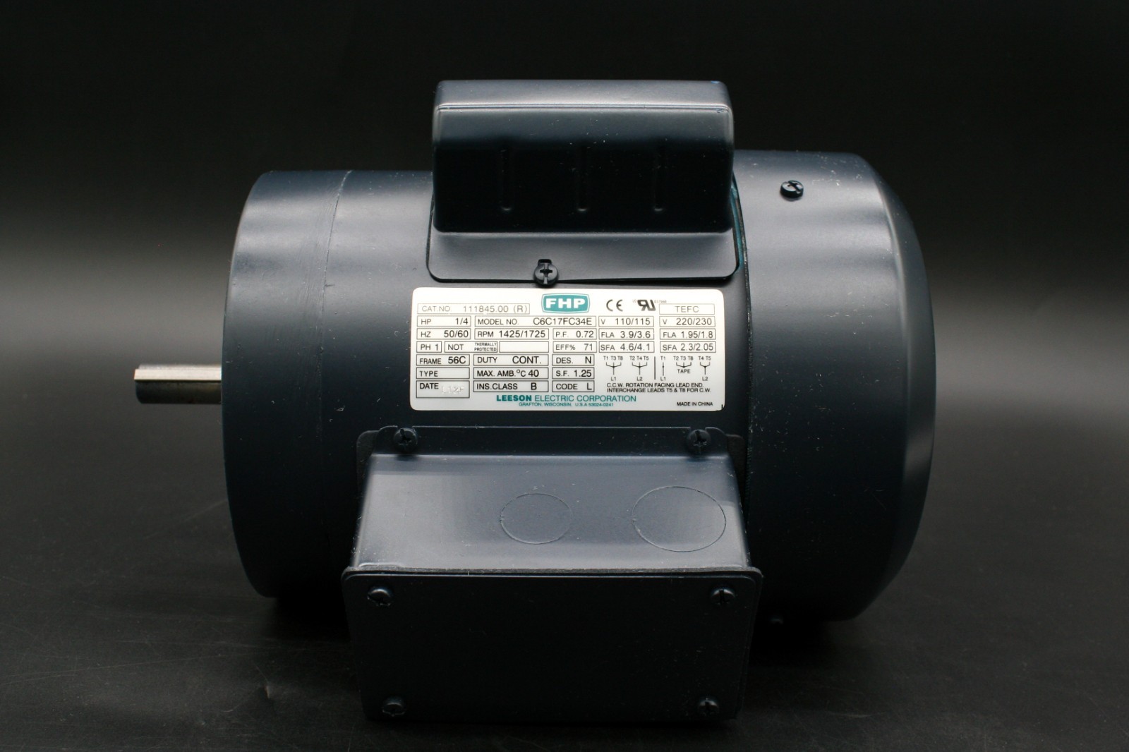 Leeson FHP C6C17FC34E AC Motor – 1/4HP, 50/60Hz, 1PH, 110/115V, 1425/1725 RPM