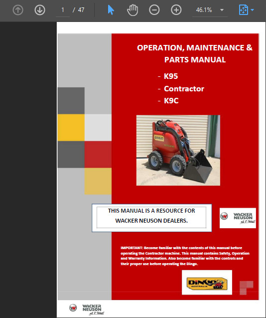 WACKER NEUSON K95 DINGO MINI LOADER OPERATORS ENGINE REPAIR MANUAL PDF USB