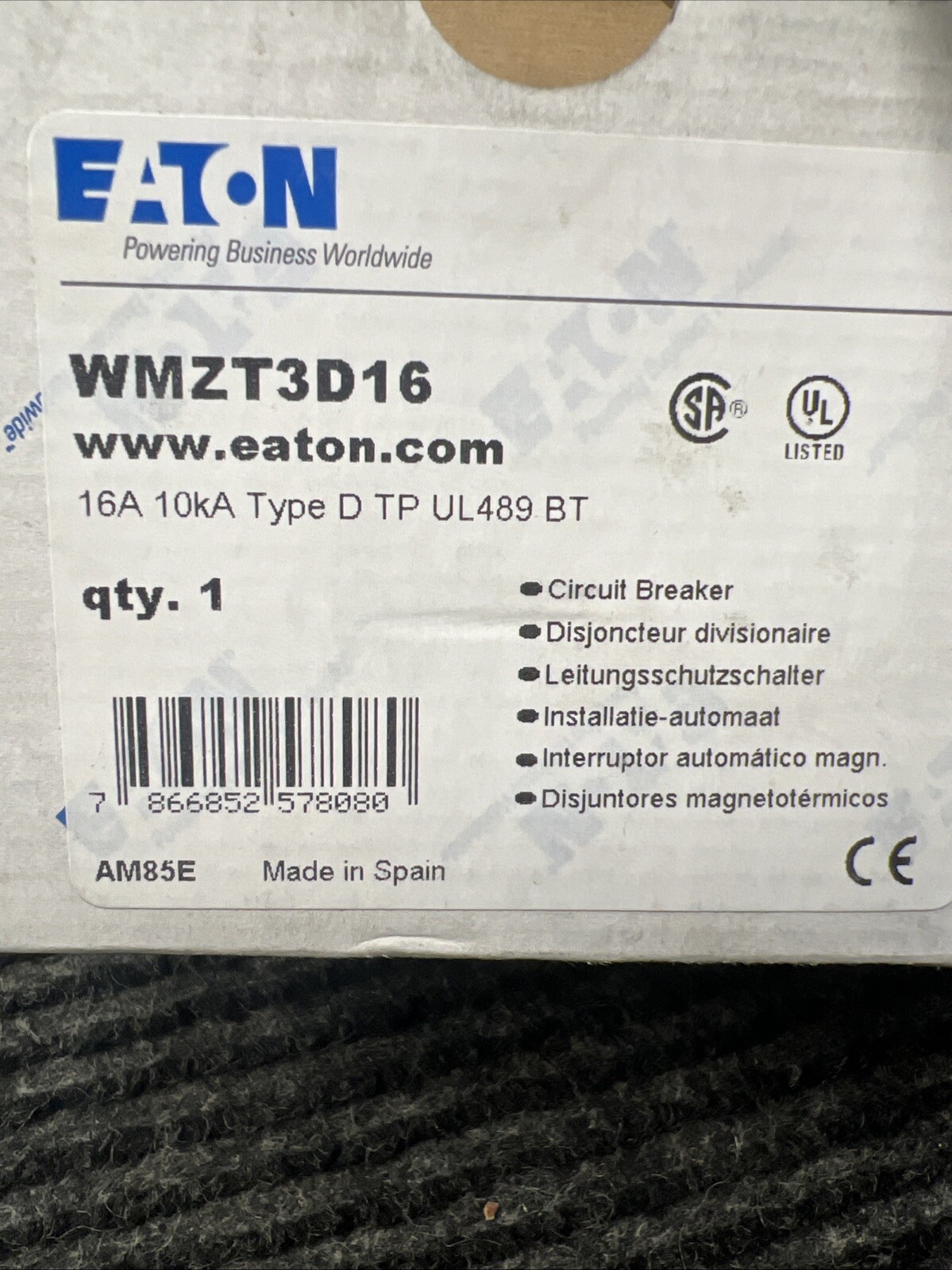 New EATON WMZT3D16 Circuit Breaker 16A 10kA Type D UL489 BT
