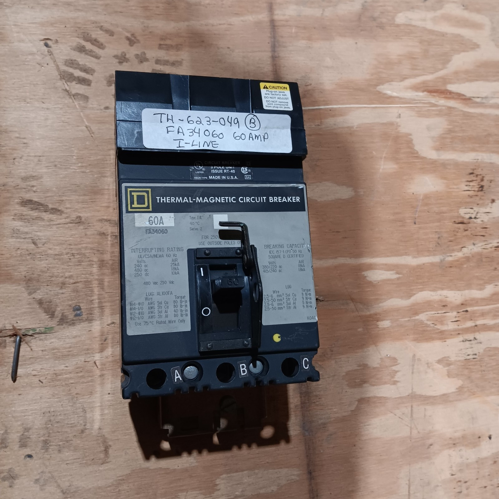 Square D FA34060 60Amp 3Pole 18kA@480VAC I-Line Breaker Excellant condition.