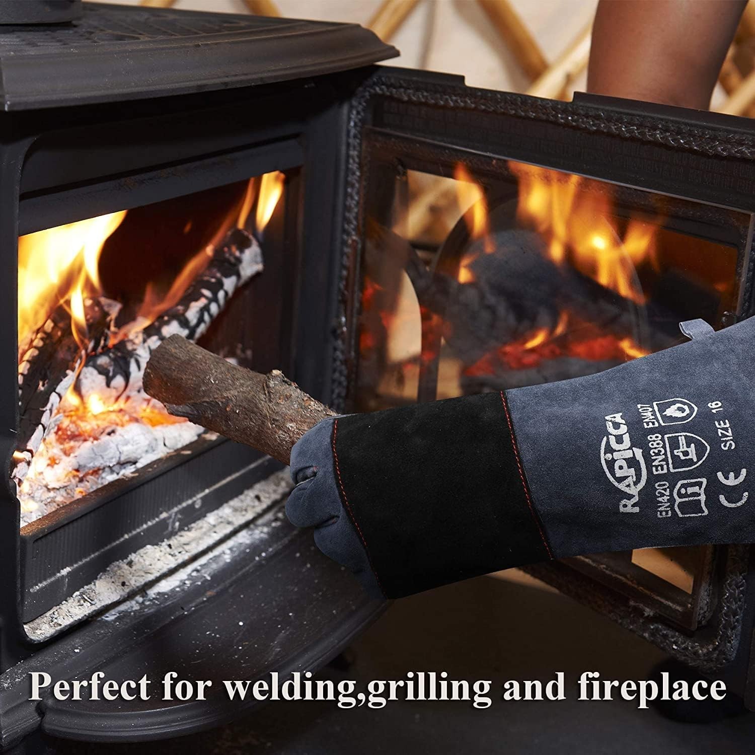 Fireproof 16″ Leather Gloves 932°F Heat Resistant for Grill, Fireplace, Welding