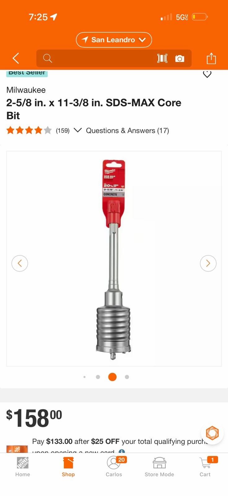 Milwaukee SDS-MAX Core Bit 2-5/8 in x 11-3/8 in MPN 48-20-5420