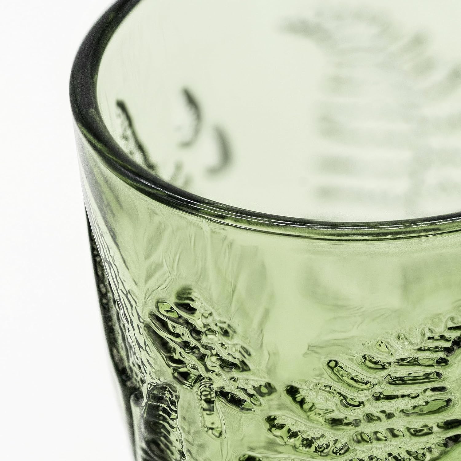 Vintage Green Stemmed Goblets Set of 4, Fern Embossed Textured Glass Wine