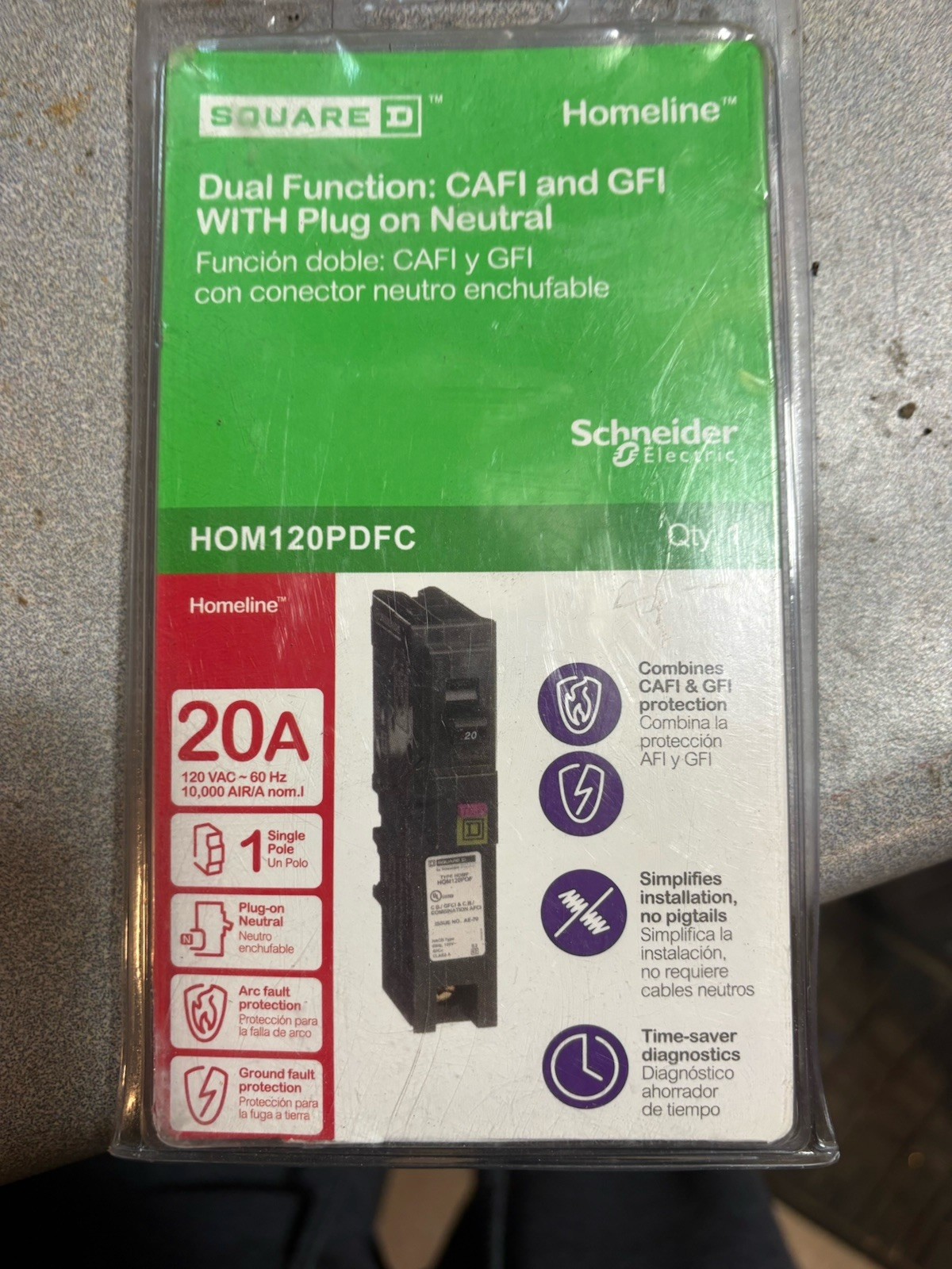 Square D HOM120PDFC Circuit Breaker 20A, 1 Pole, Dual Function, Plug on Neutral