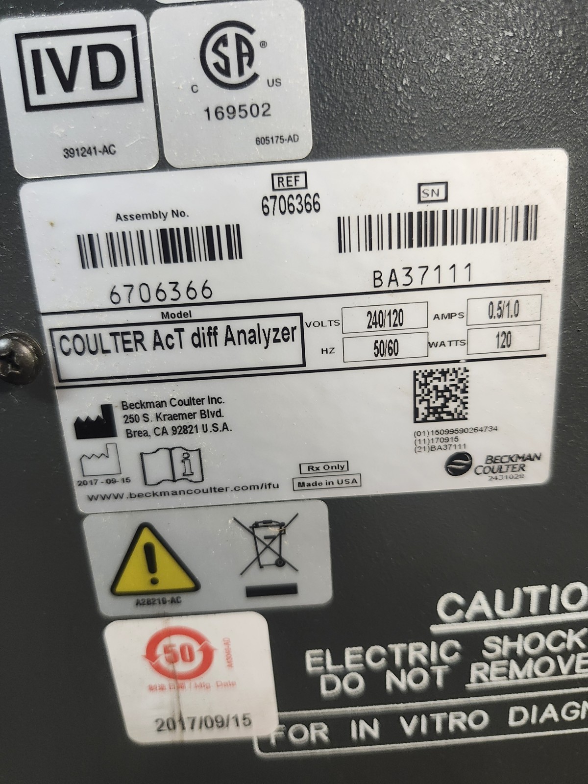 Beckman Coulter Act-diff machine 2017 Model Parts Unit