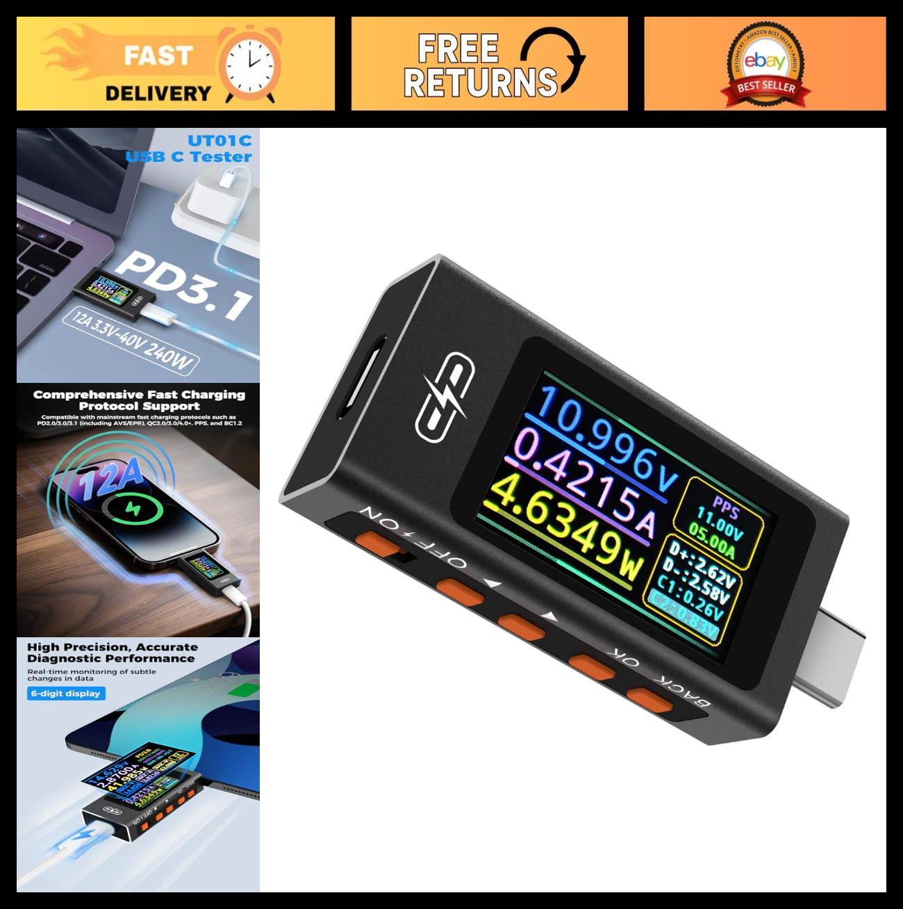 USB C Cable Tester 3.3-40V 0-12A Voltage Current Power Meter, Fast Charging Prot