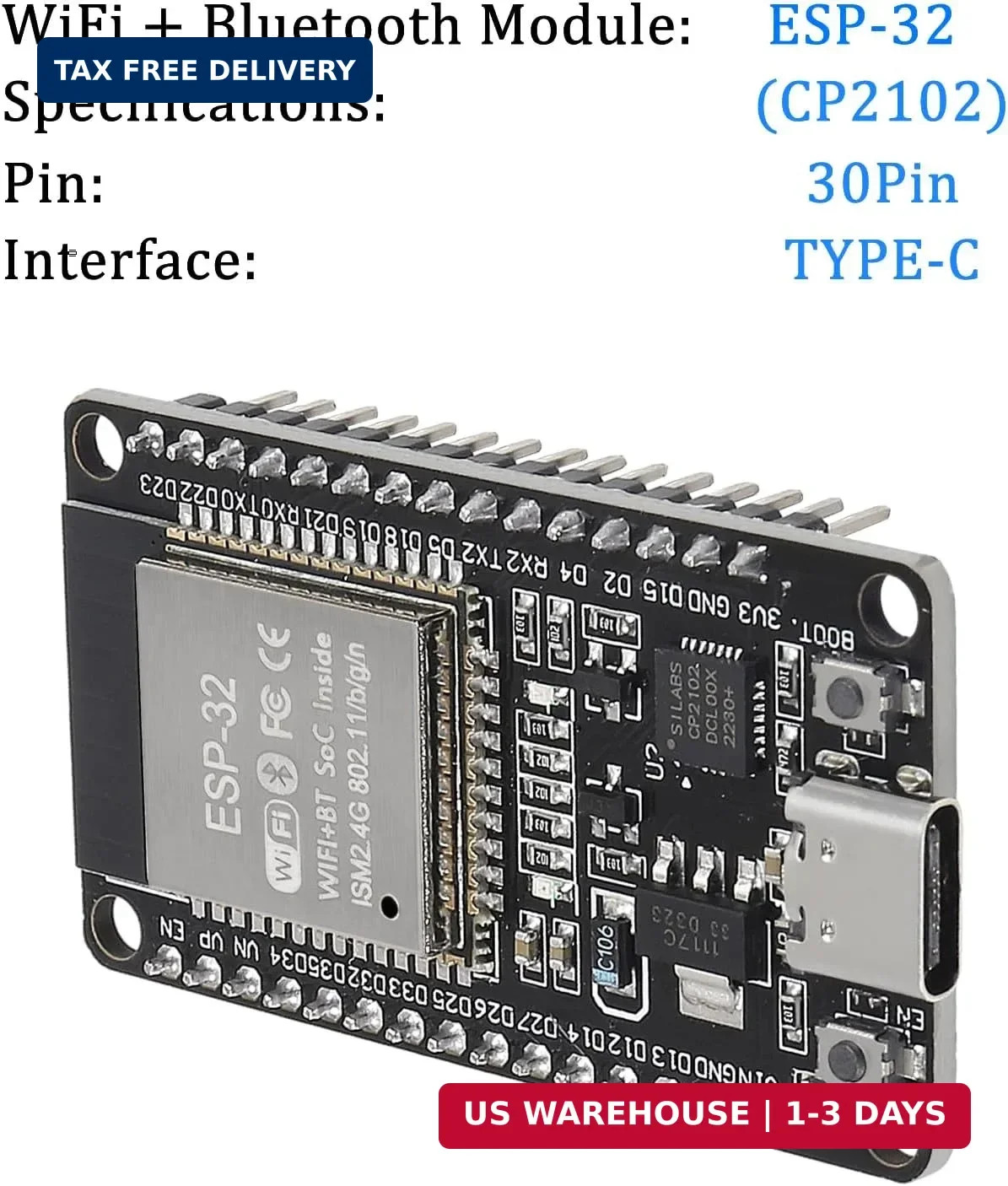 ESP32 ESP-WROOM-32 Wifi and Bluetooth Development Board, 38-Pin, with USB Type-C
