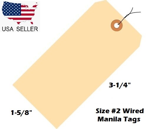 Size 2 Manila Inventory Shipping Hang Tags with Wire 3 1/4″ x 1 5/8″ Wired Tags