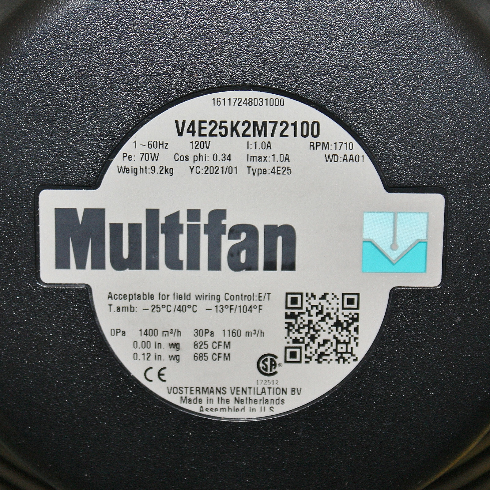 Multifan 10″ Corrosion Resistant Exhaust Fan V4E25K2M72100, 120V AC, 880 CFM