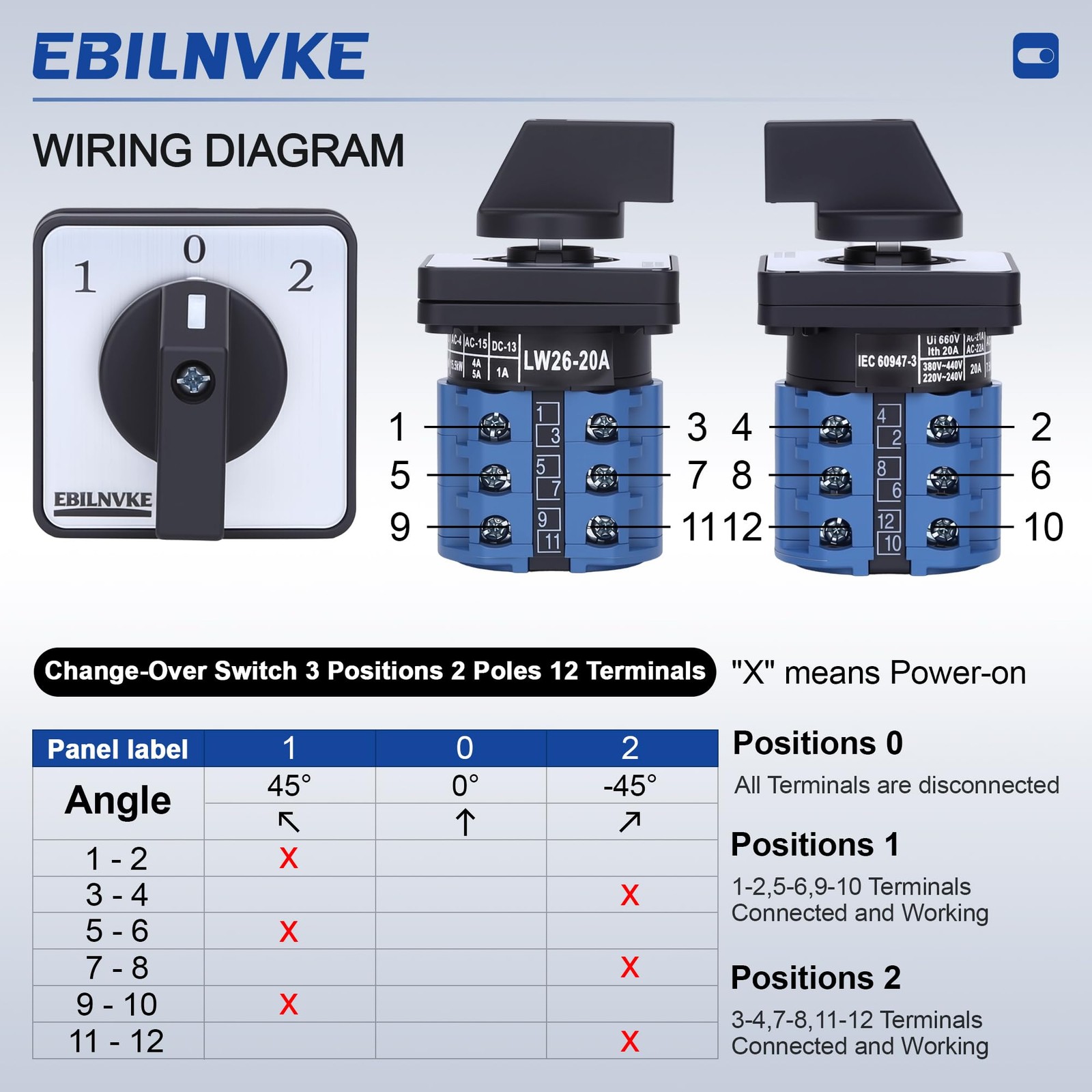 EBILNVKE Changeover Switch 3 Position 20A 12 Terminals 380V Latching