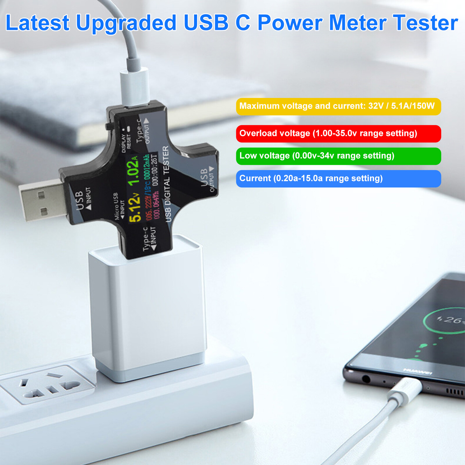 USB LCD VoltMeter Tester TypeC Multimeter Current Voltage Power Detector w/Cable