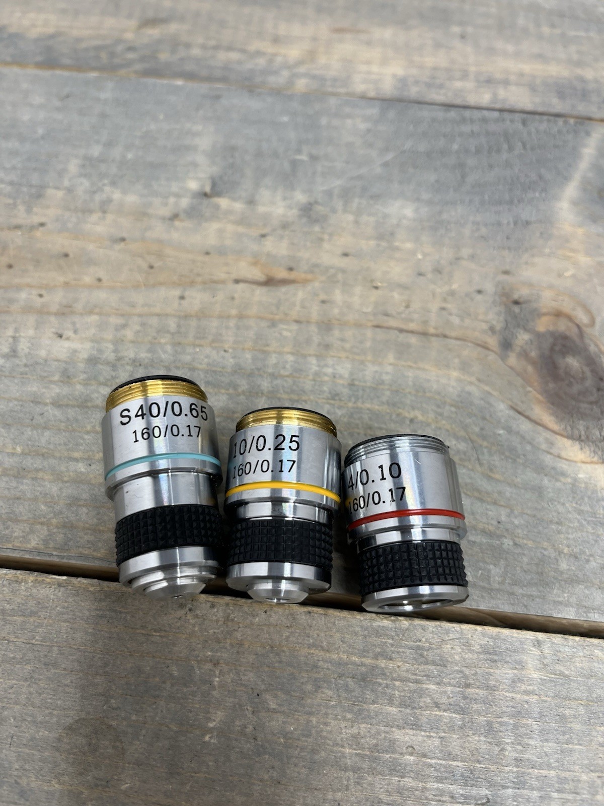 Lot of 3 Microscope Objectives – 160/0.17 4/0.10 , 10/0.25 , 40/0.65 Amscope