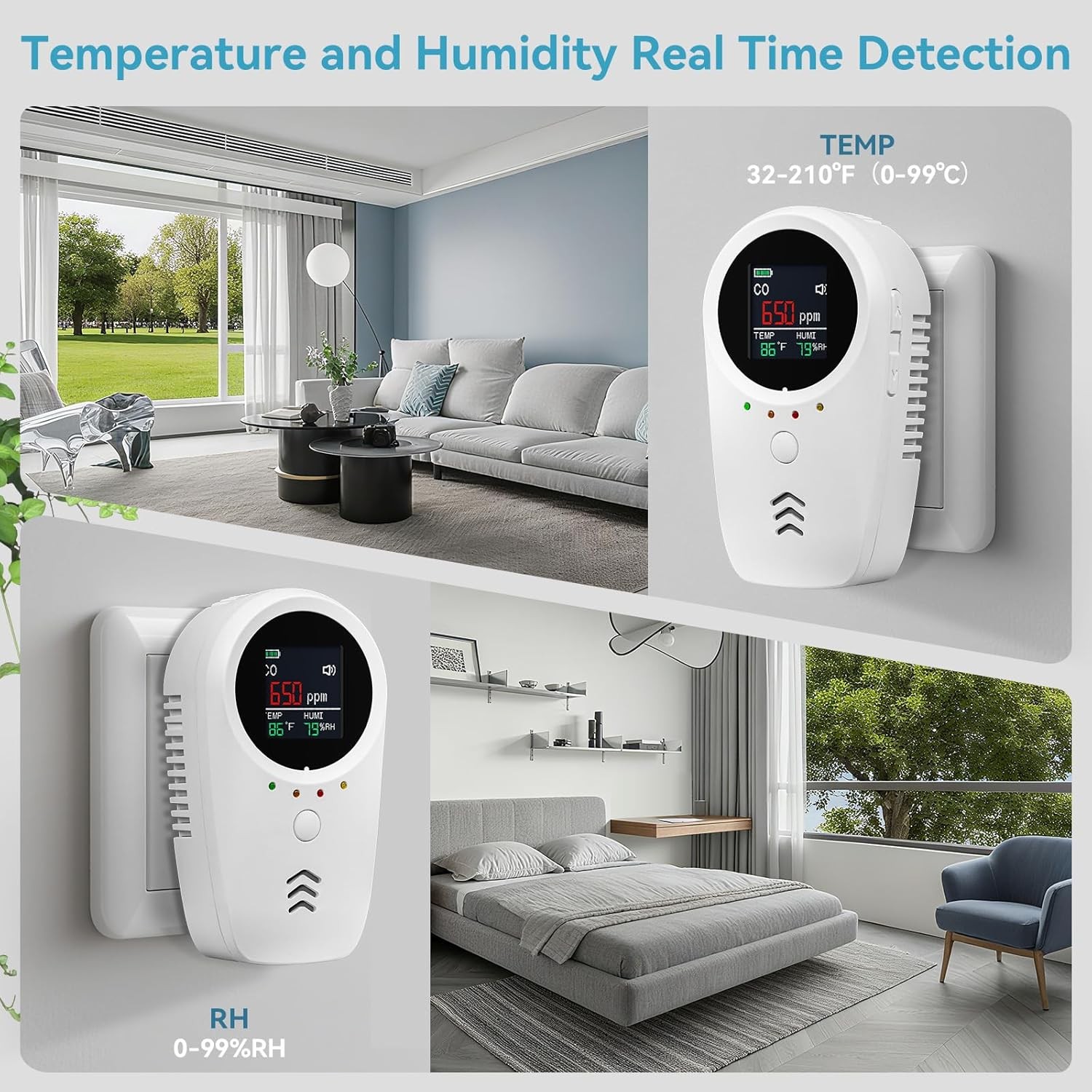 5-in-1 Carbon Monoxide Detector Plug CO2 Level Monitor Alarm with Temp Sensor US