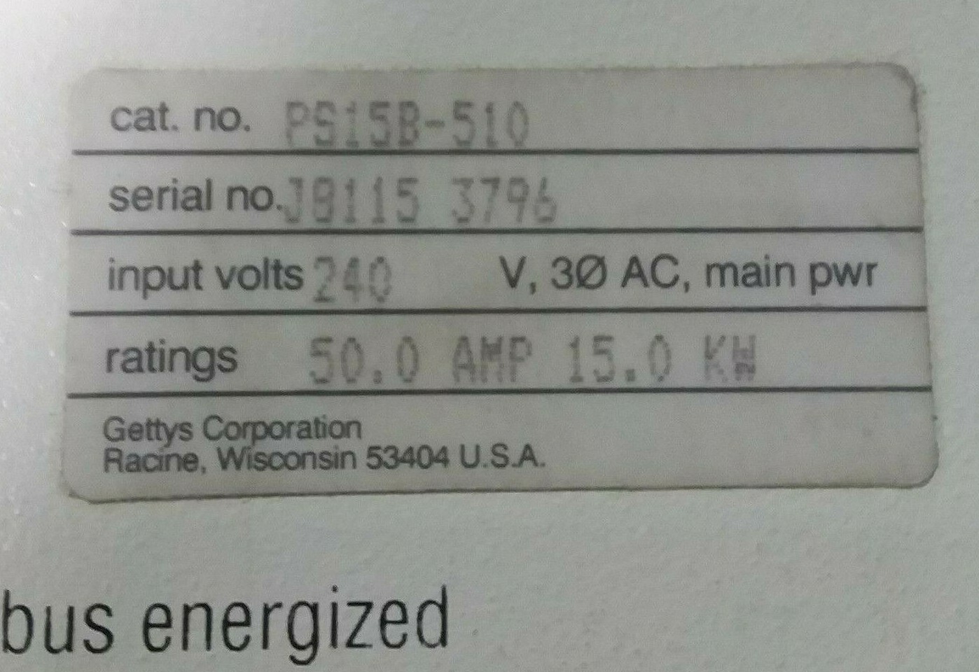GETTYS PS15B-510 AC Servo Power Supply Input 240 Vac
