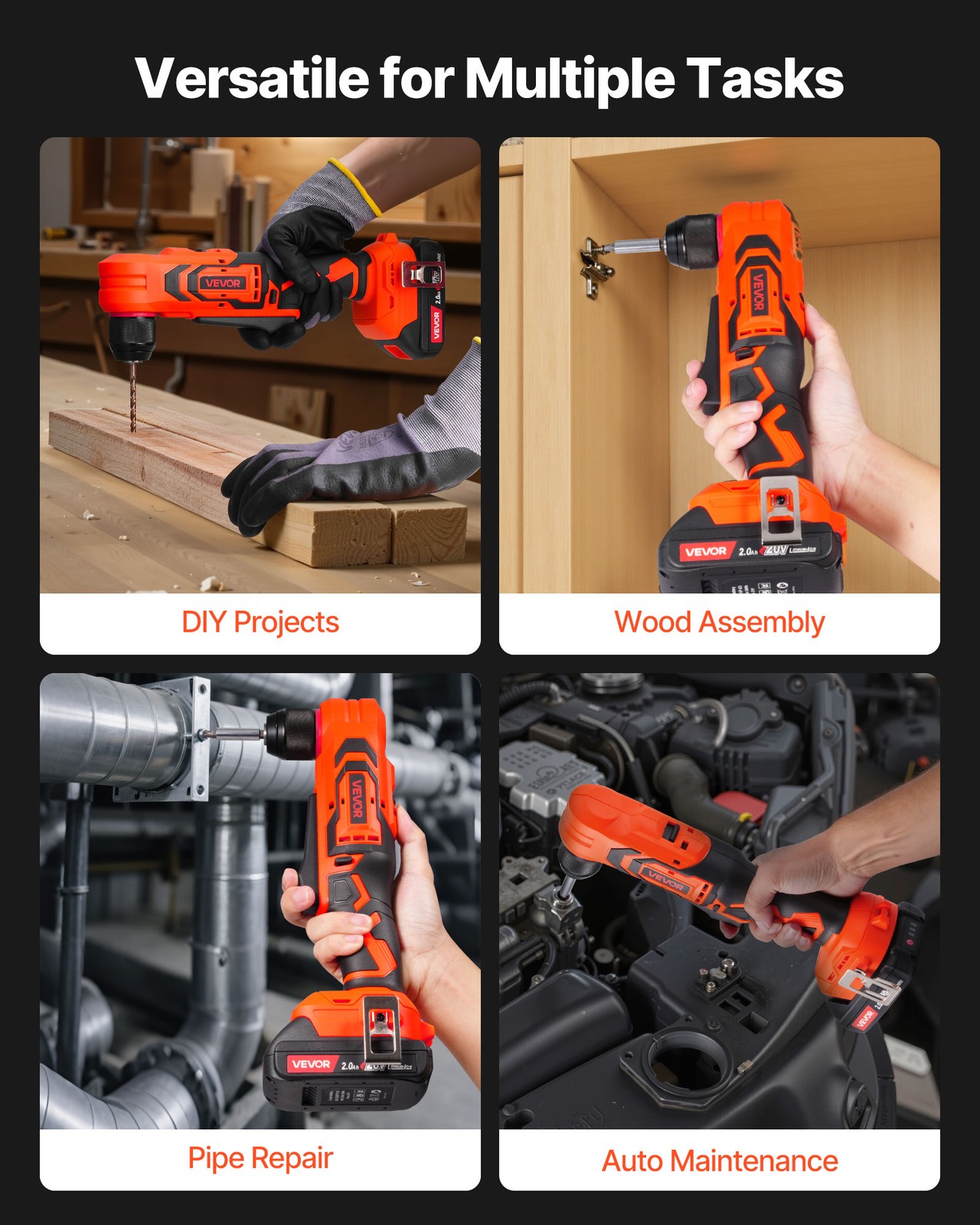 VEVOR Right Angle Drill 3/8 Inch Chuck 90 Degree Cordless Right Angle Drill