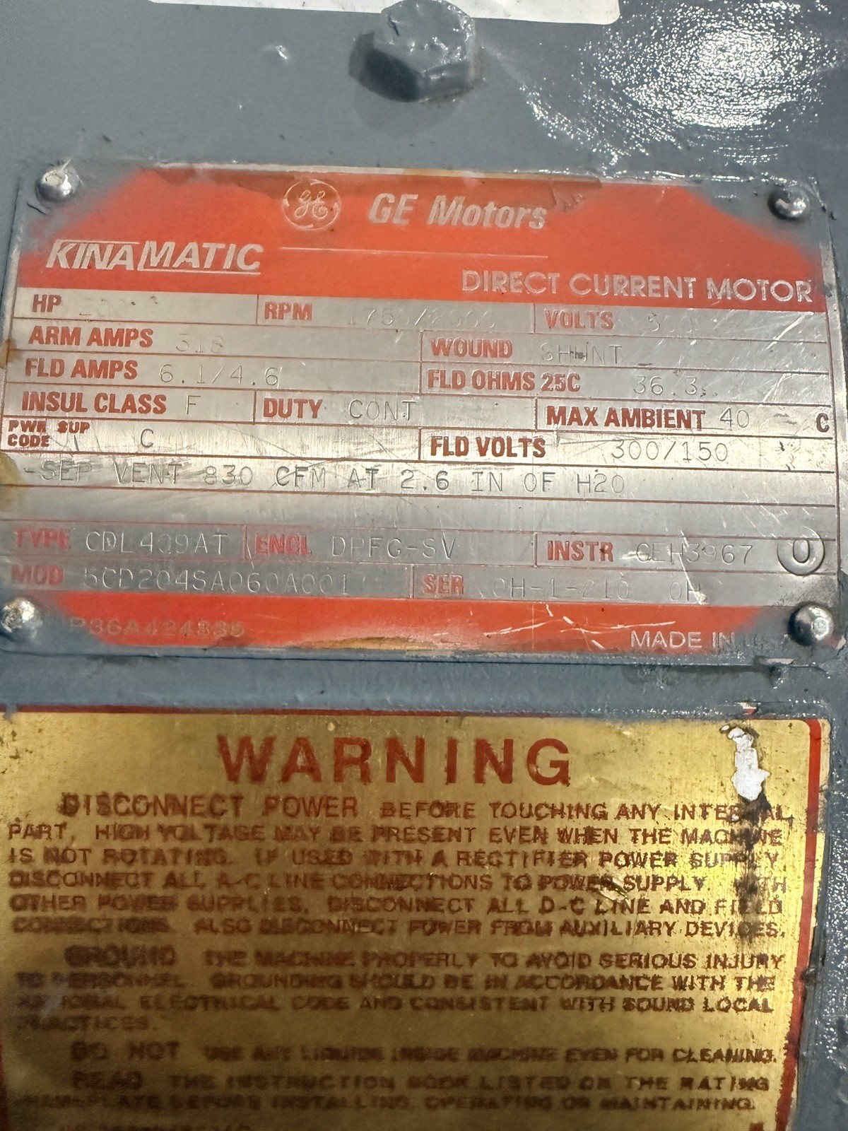 GE KINAMATIC Direct Current Motor 200 HP 500 Volts RPM 1750/2000 Type CDL409AT