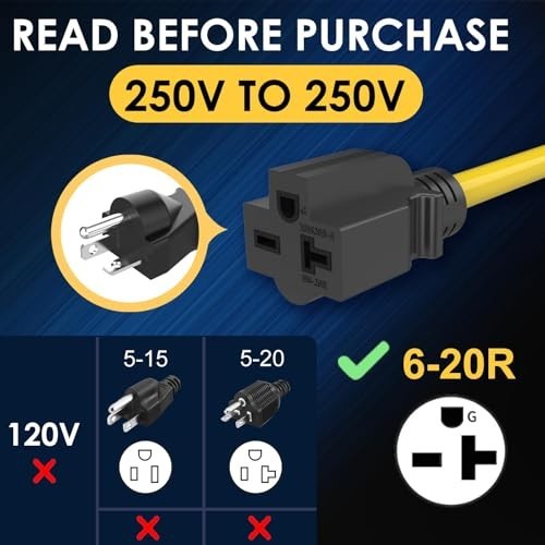 Welder Power Adapter 240V NEMA 6-50P to 6-20R 10AWG 20A 250V EV Charging
