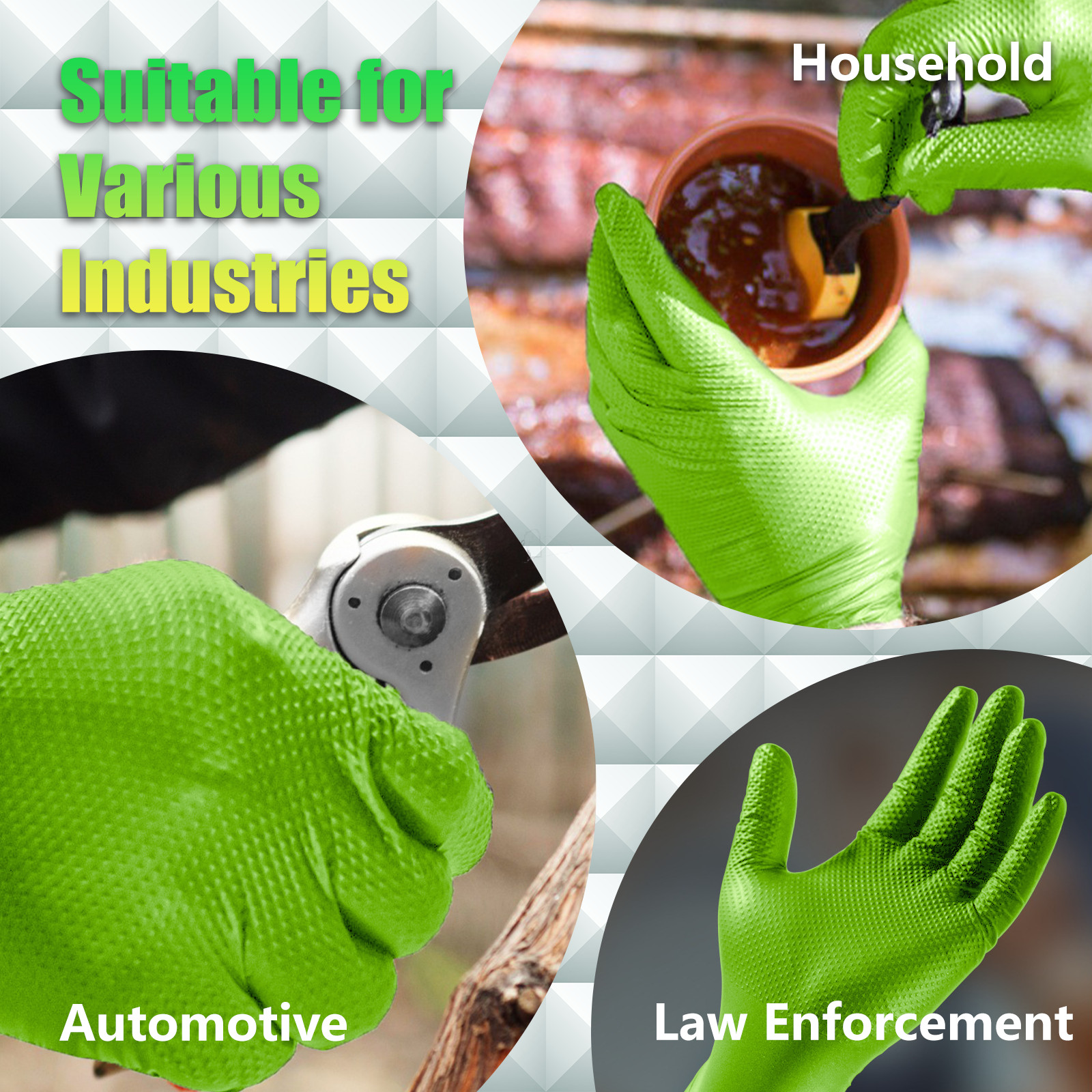 Heavy Duty Green Industrial Nitrile Gloves with Raised Diamond Texture, 8-mil