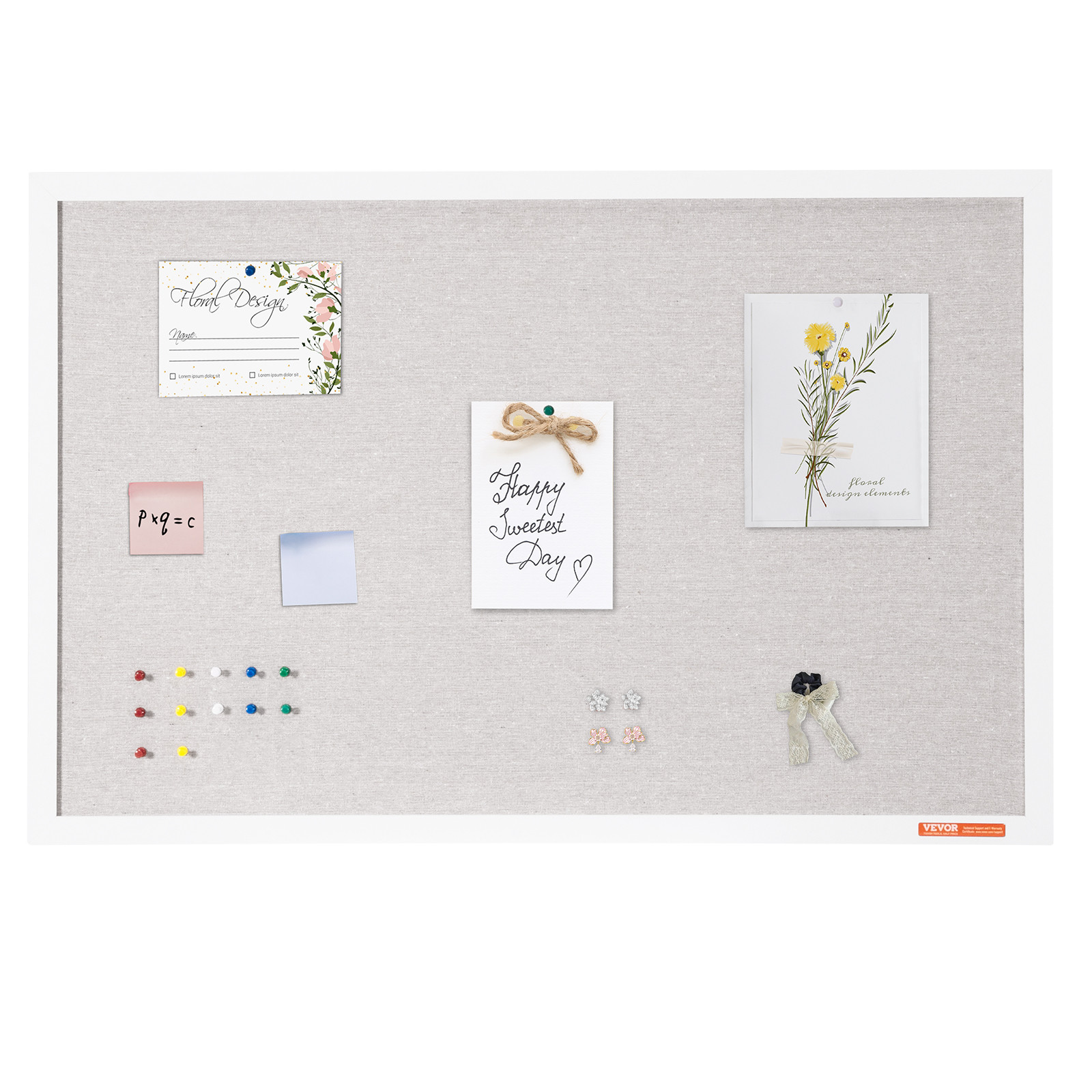 VEVOR 36″x24″ White Cork Board with Linen Surface Wall-Mounted Bulletin Board