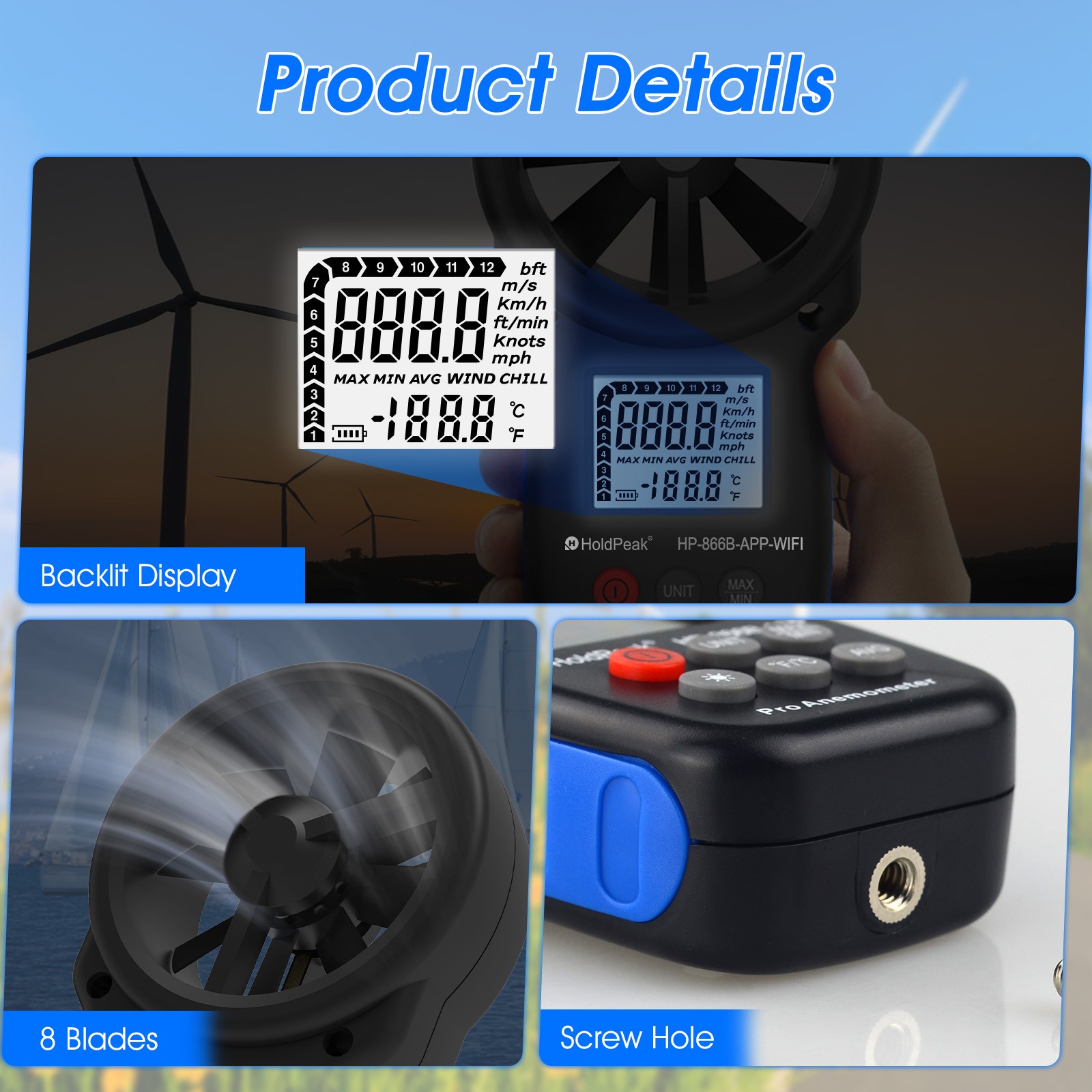 Digital Anemometer 89MPH 113°F 5-Unit Backlit LCD WiFi Bluetooth APP Max/Min/Avg