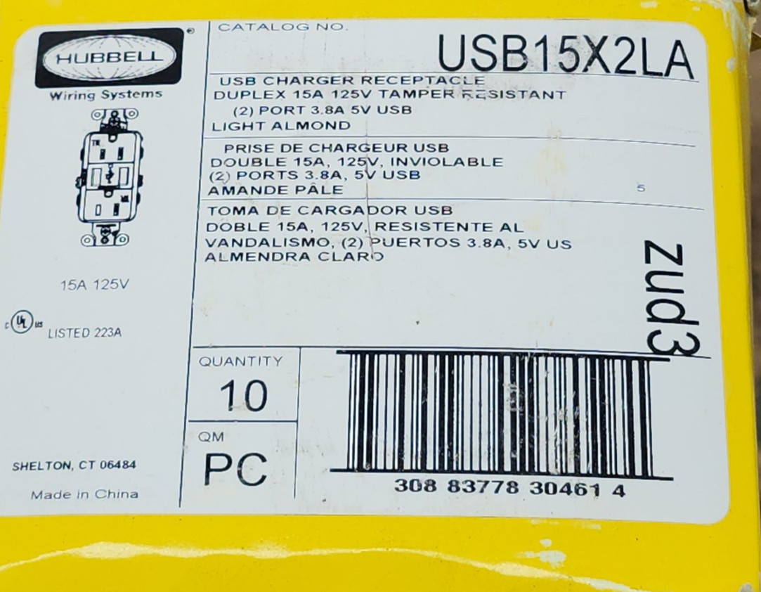 NEW IN BOX QTY 10 HUBBELL USB Charger/Tamper-Resistant Receptacle USB15X2LA