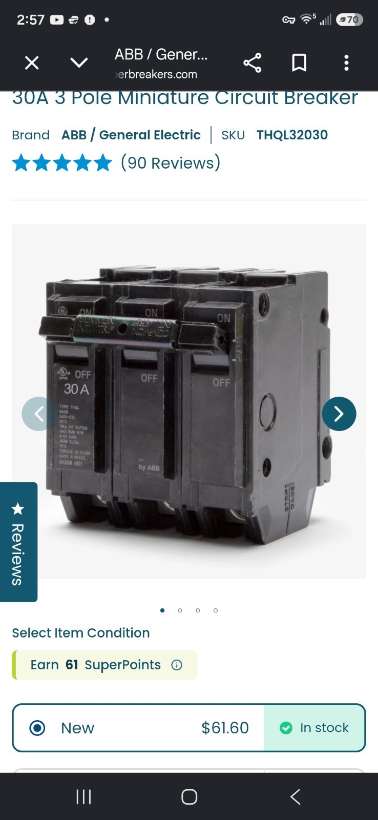 ABB Q-Line THQL32030 Circuit Breaker – 30A / 3-Pole – 120/240 VAC