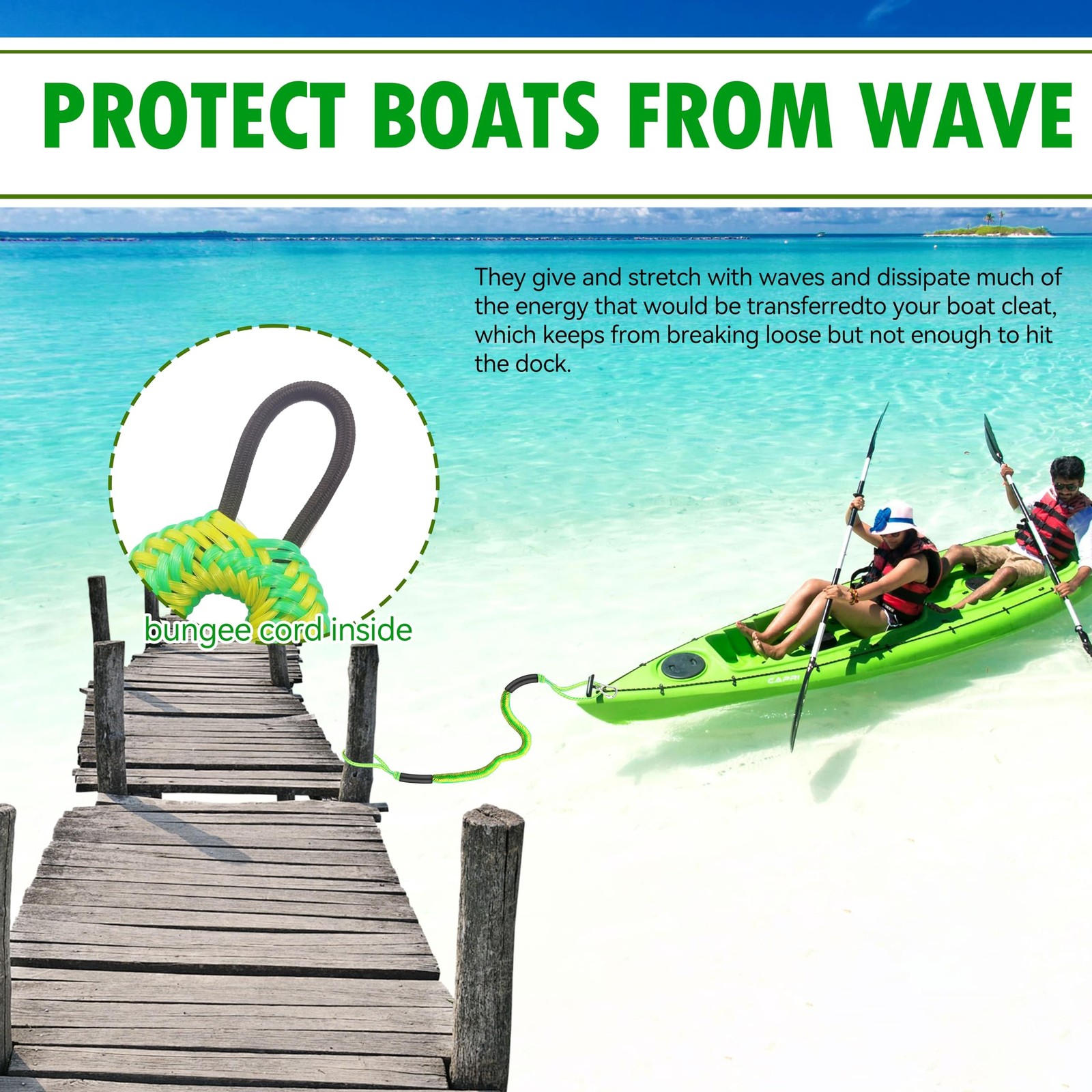 Boat Bungee Dock Lines 4 ft – Single Hook Dock Rope with 2 Loops, 2 Pack (Gre…