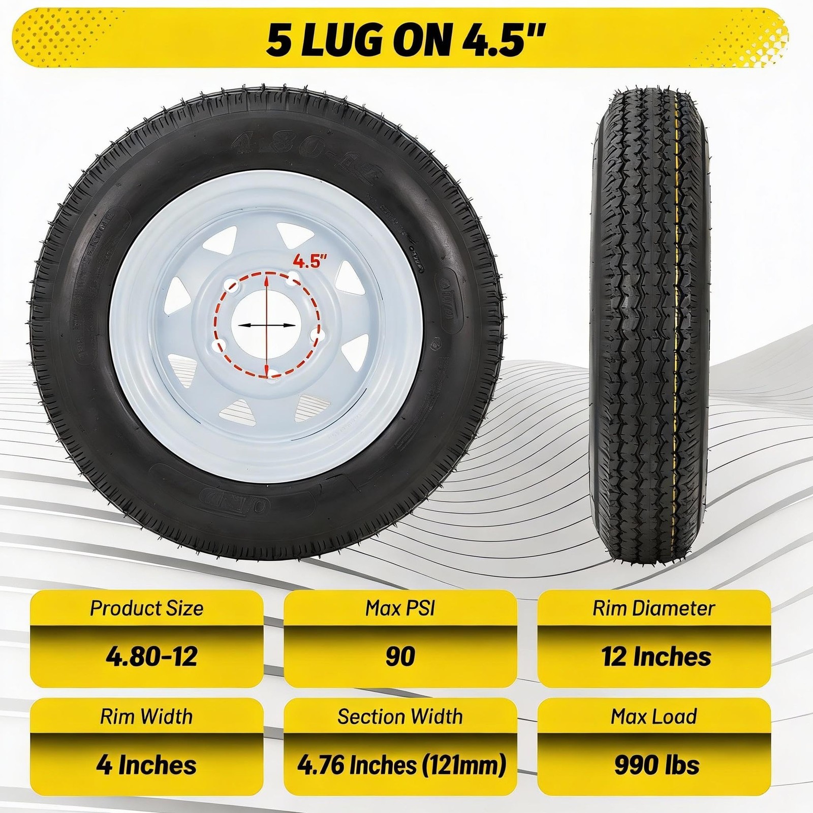 4.80-12 12in Rims Trailer Tires 5×4.5″ 2.95″ Bore 6PR 2 Pack