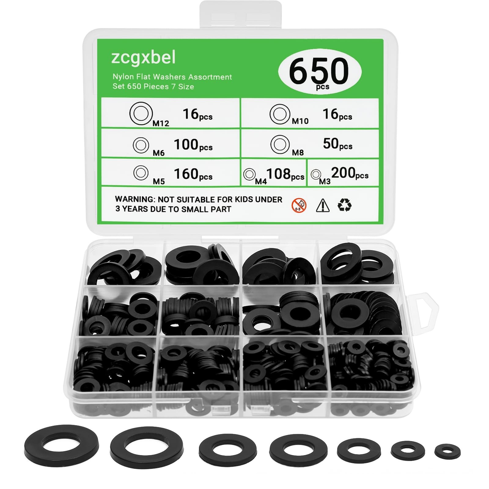 650-Pieces Nylon Flat Washer M3, M4, M5, M6, M8, M10, M12 millimeters, Black