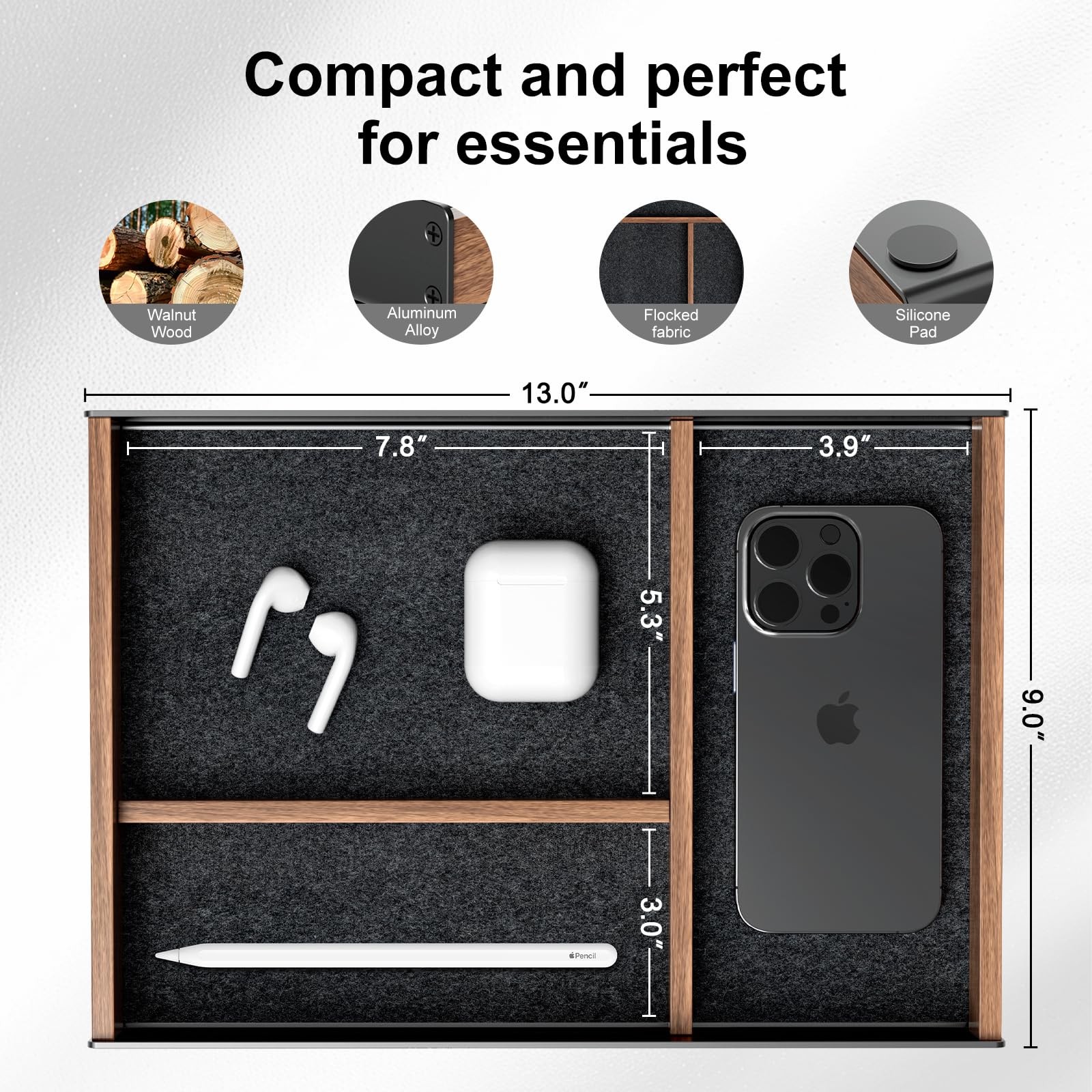 UPERGO Aluminum Walnut Desk Drawer Organizer Tray, Office Valet Tray