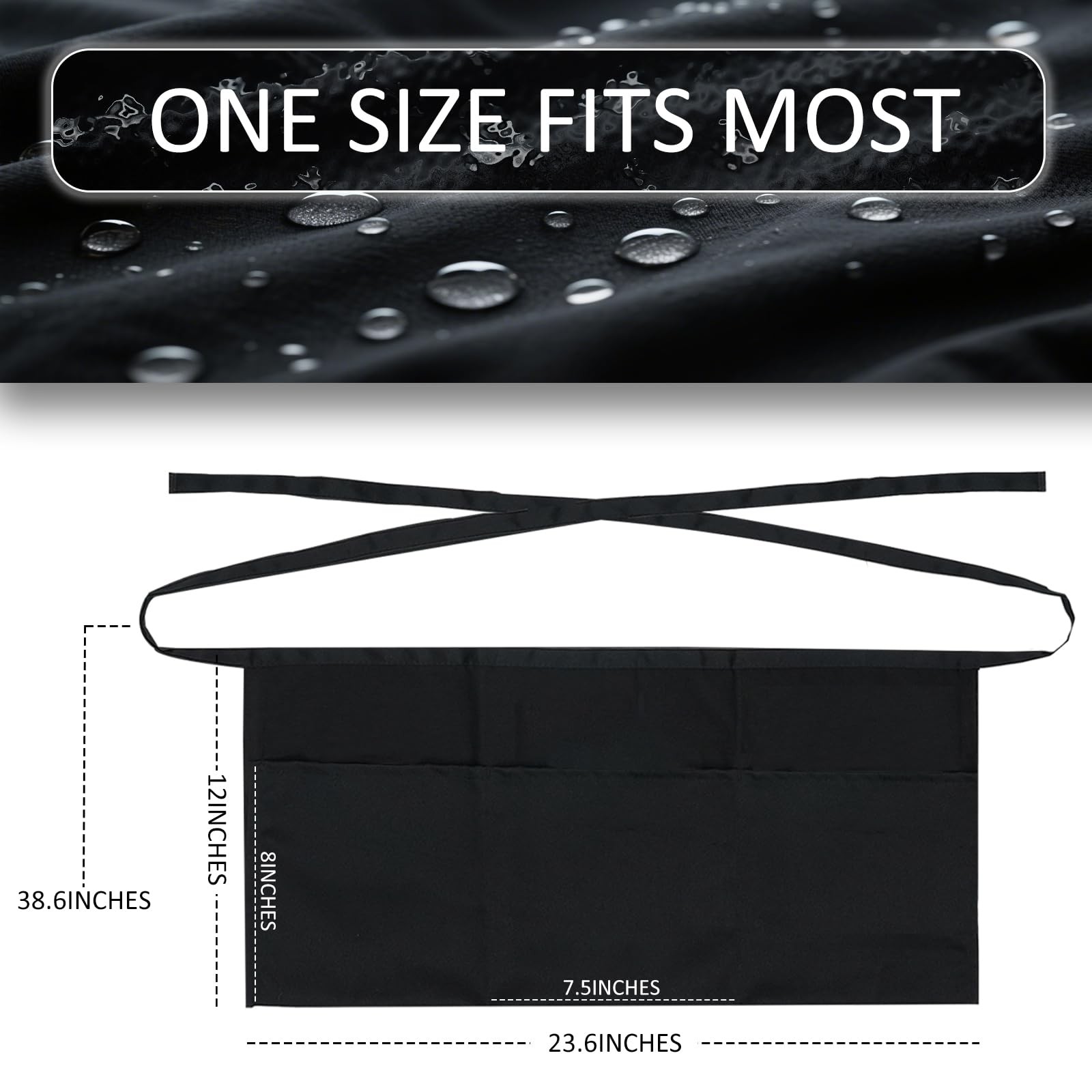 2 Pack Server Apron – Waist Half Aprons for Waitress with 3 Pockets, Black Short