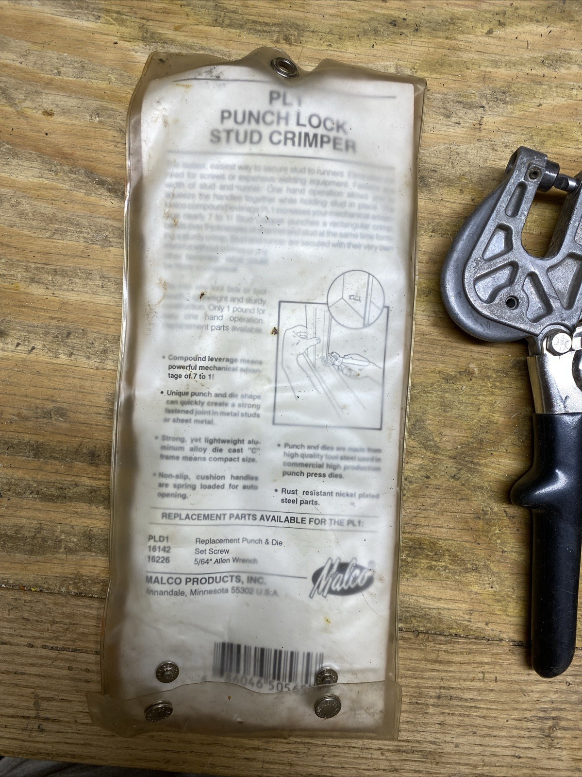 Malco PL1 Metal Stud Punch Lock Crimper Tool Made In U.S.A.