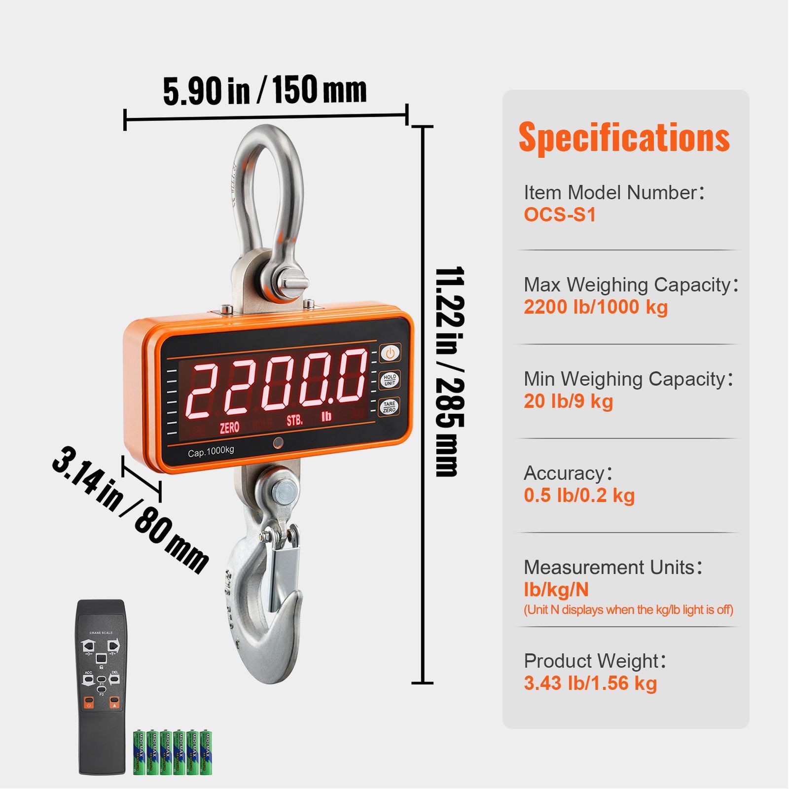 Digital Crane Scale, 2200 lbs/ 1000 kg, Industrial Heavy Duty Hanging Scale with