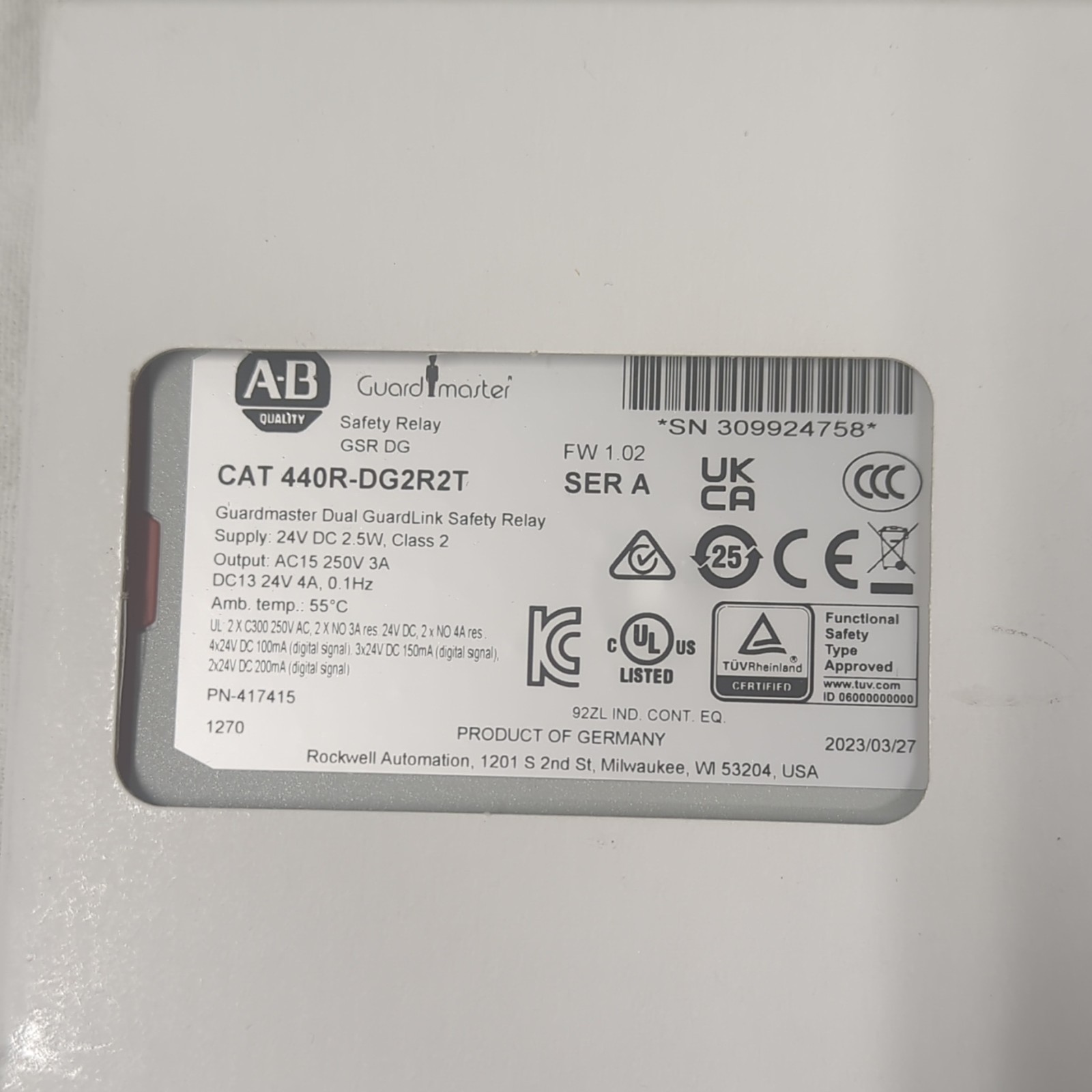 Allen-Bradley Guardmaster 440R-DG2R2T Safety Relay Dual GuardLink 24VDC 4PST 3A