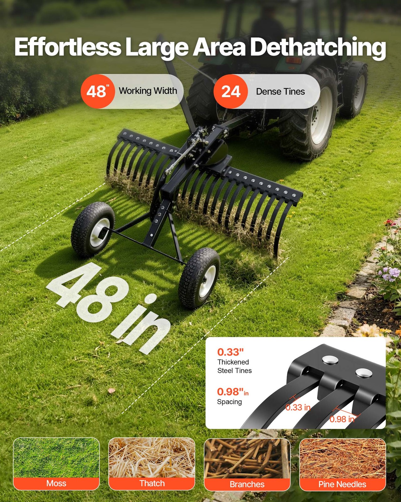 VEVOR 48in Tow Behind Landscape Rake 24 Tines Lawn Dethatcher Height Adjustable