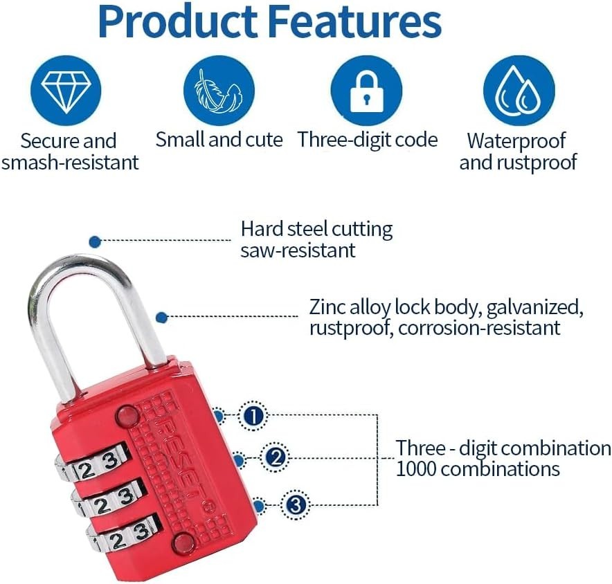 Stylish Red 3-Digit Combination Padlock – Ideal for Travel & Everyday Use