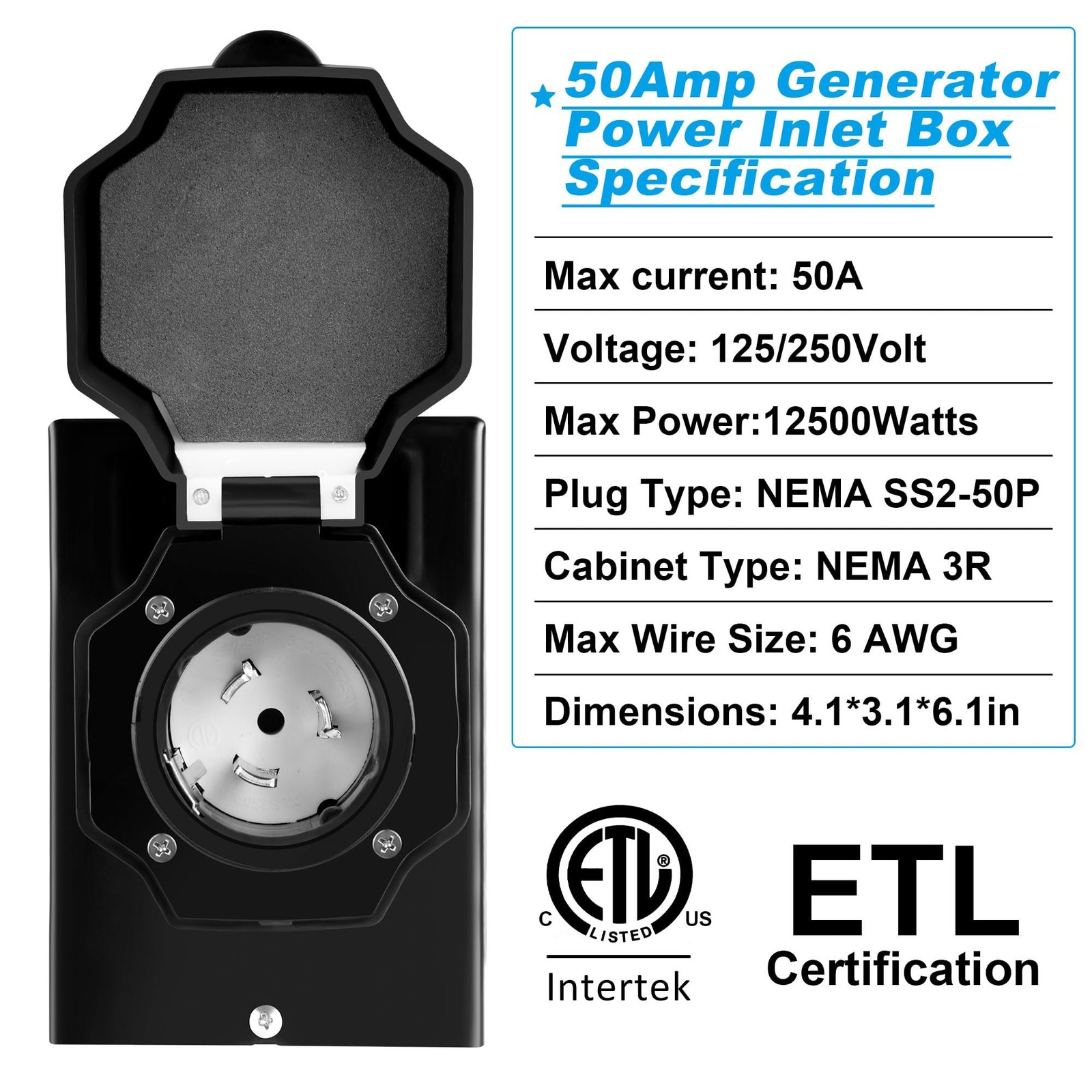50 Amp Generator Inlet Box,NEMA SS2-50P Power Inlet Box [Pre-Drilled] Enclose…