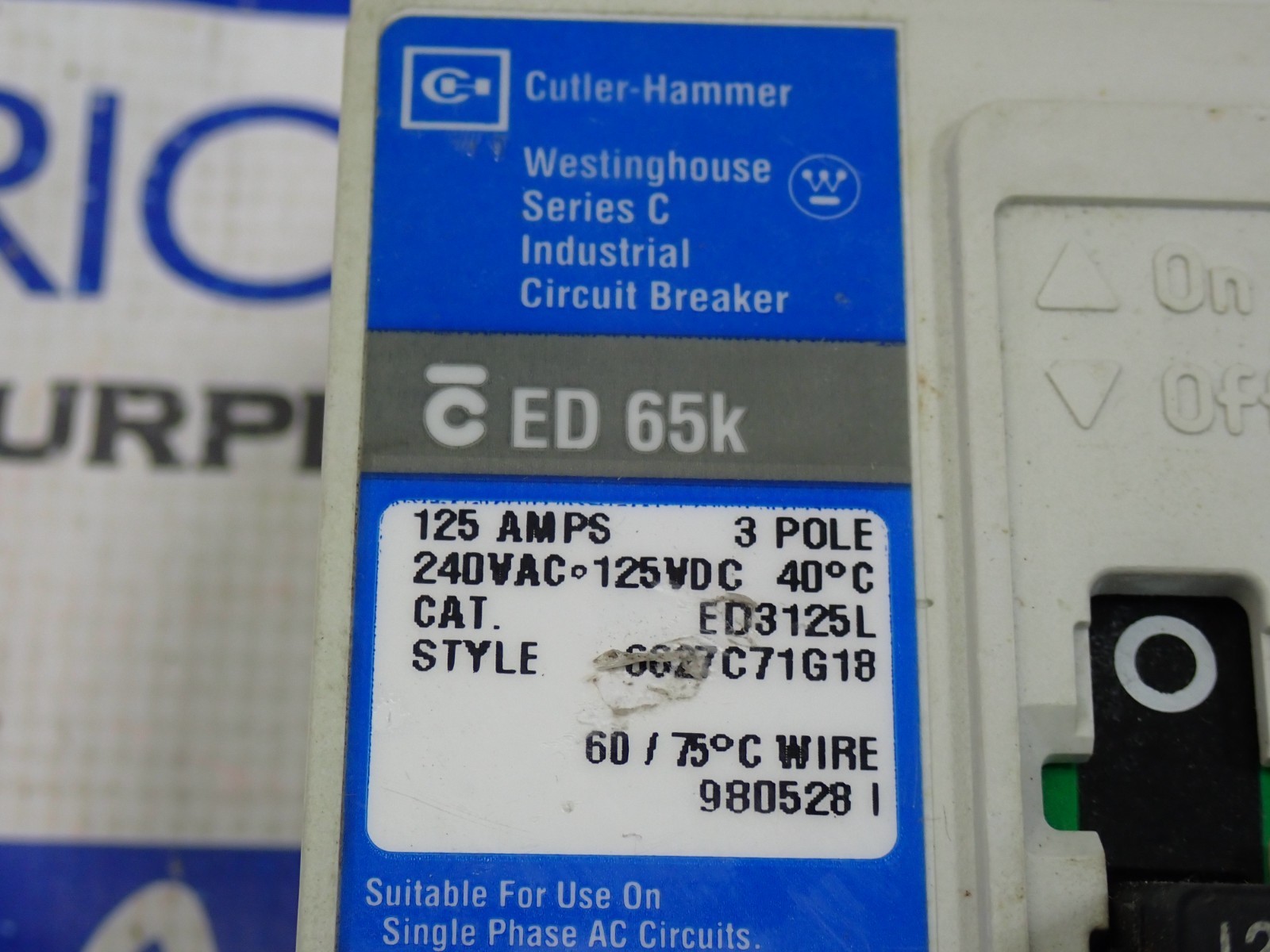 Cutler Hammer Westinghouse ED3125L 125 Amp 240V 3 Pole ED 65K Circuit Breaker