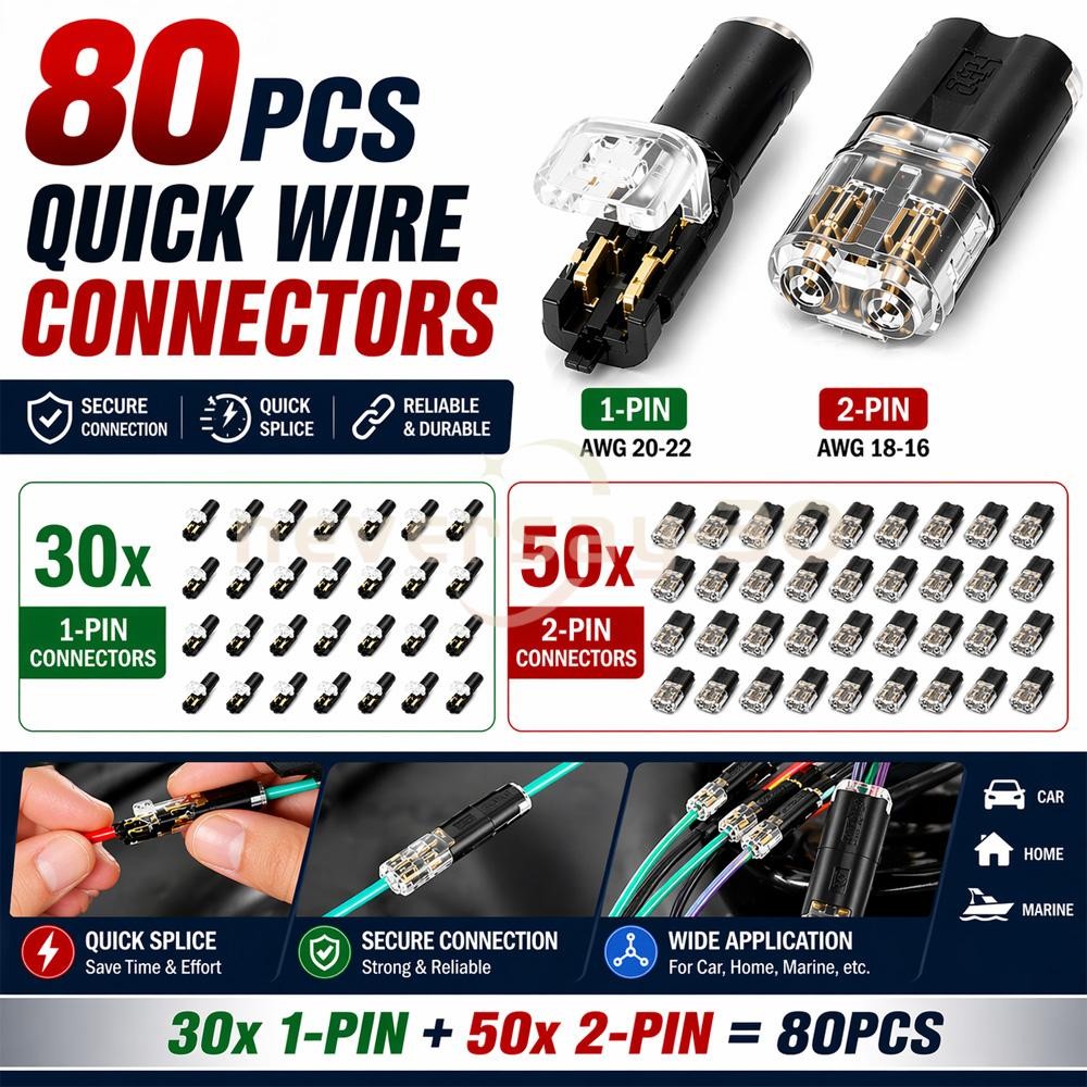 80PCS Plug-In Quick Wire Connector Kit 1-Pin 2-Pin Reusable Clamp Terminal Block