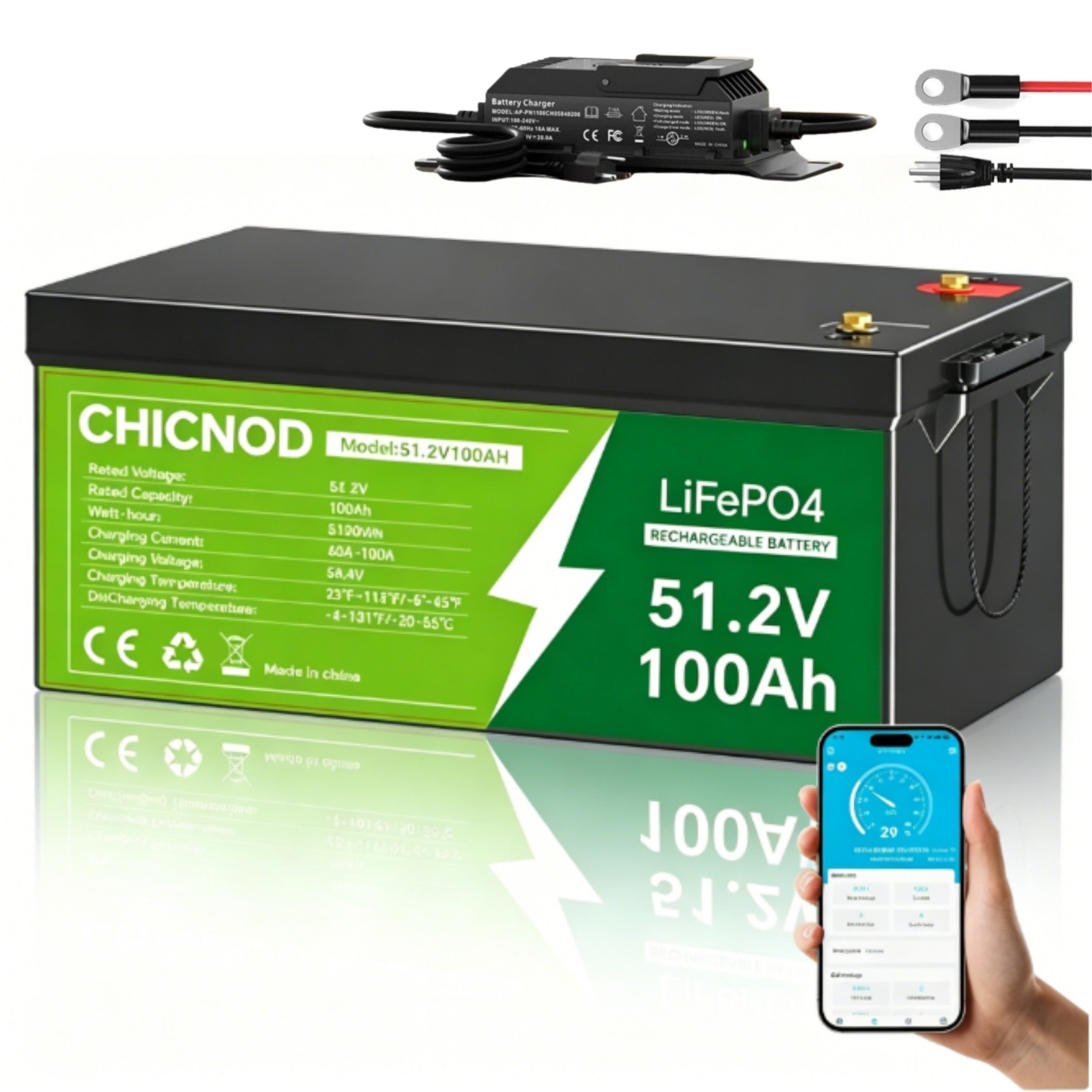 Bluetooth LiFePO4 51.2V 100Ah Lithium Battery with BMS 5120Wh + 48V 20A Charger