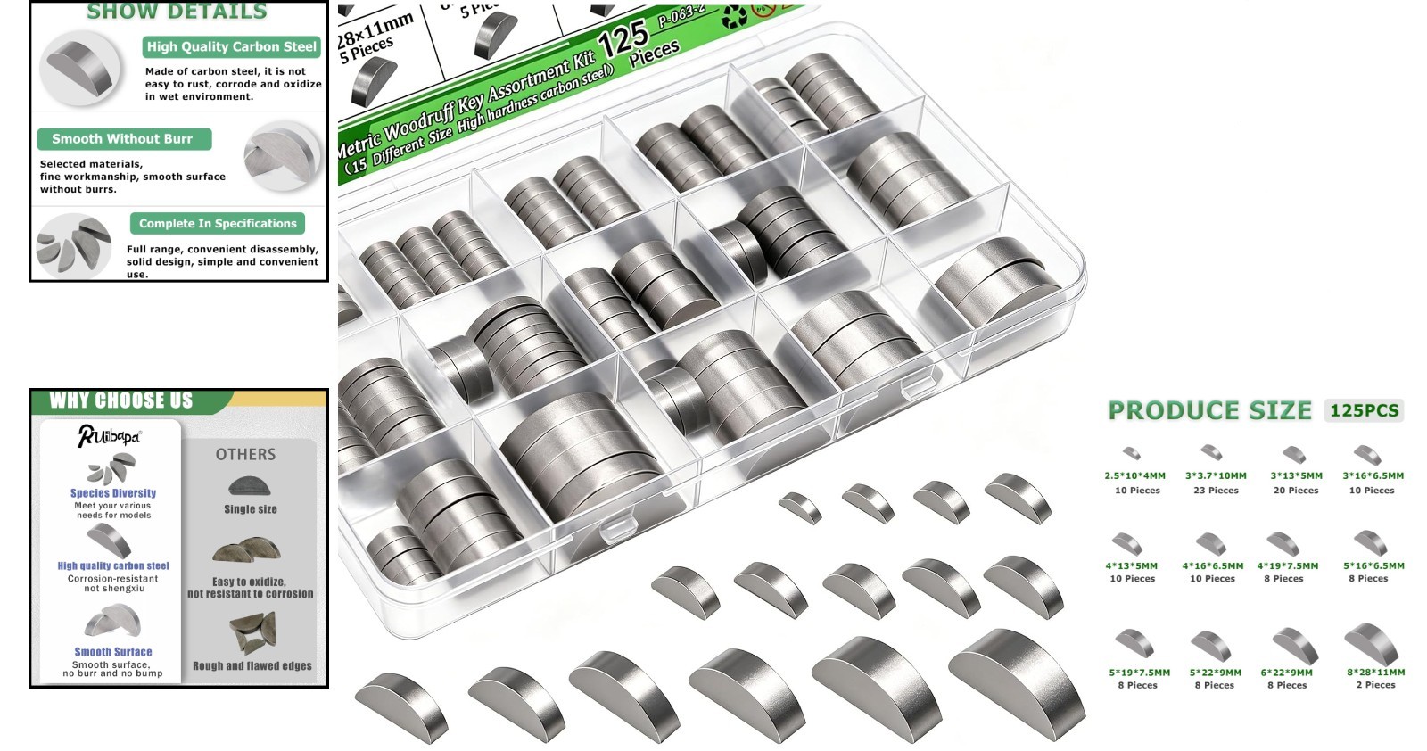 125pcs Metric Woodruff Key Assortment Kit,12 Sizes Carbon Steel Woodruff-key Kit