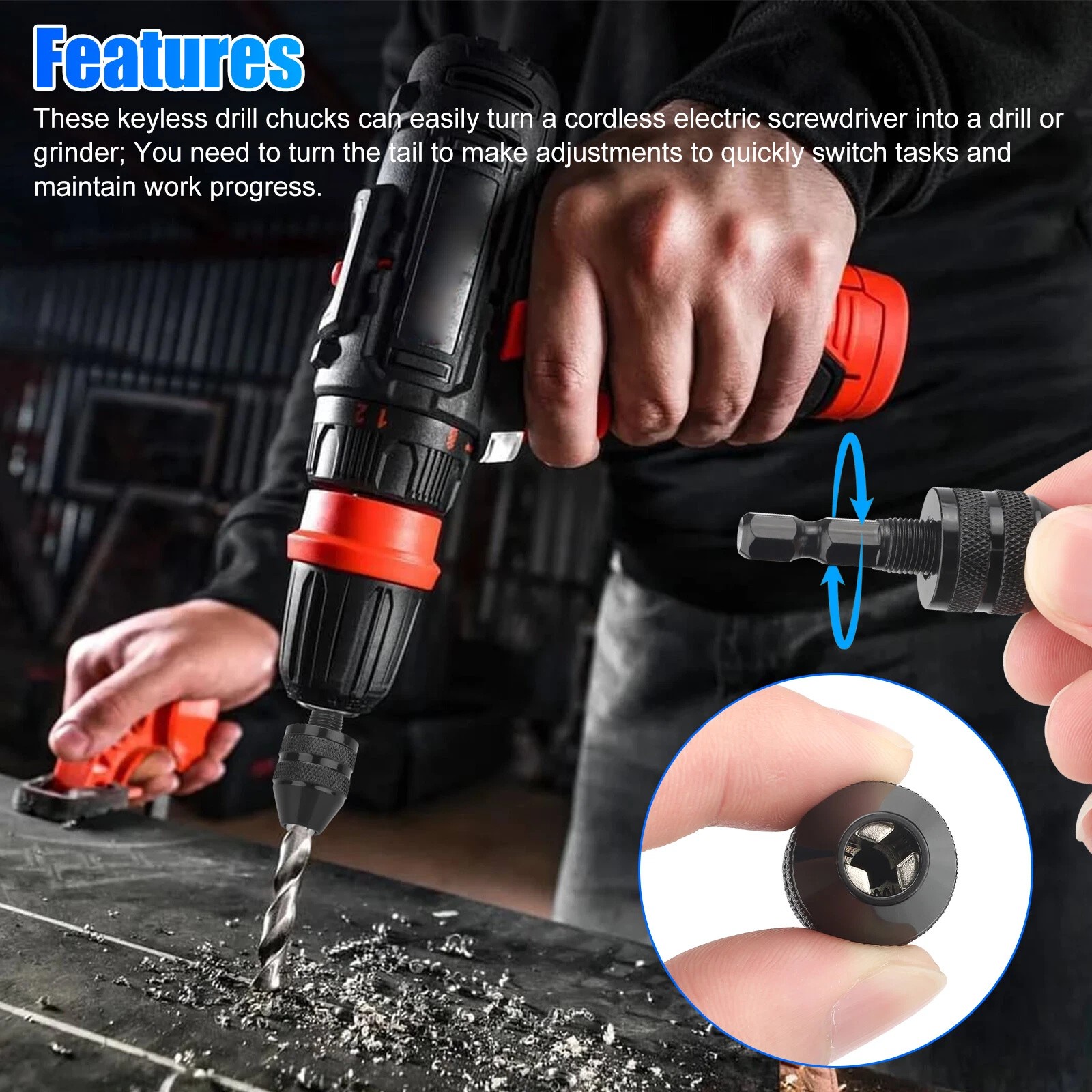 4x 1/4″Hex Shank Keyless Chuck Adapter Drill Bit Quick Change Driver Converter